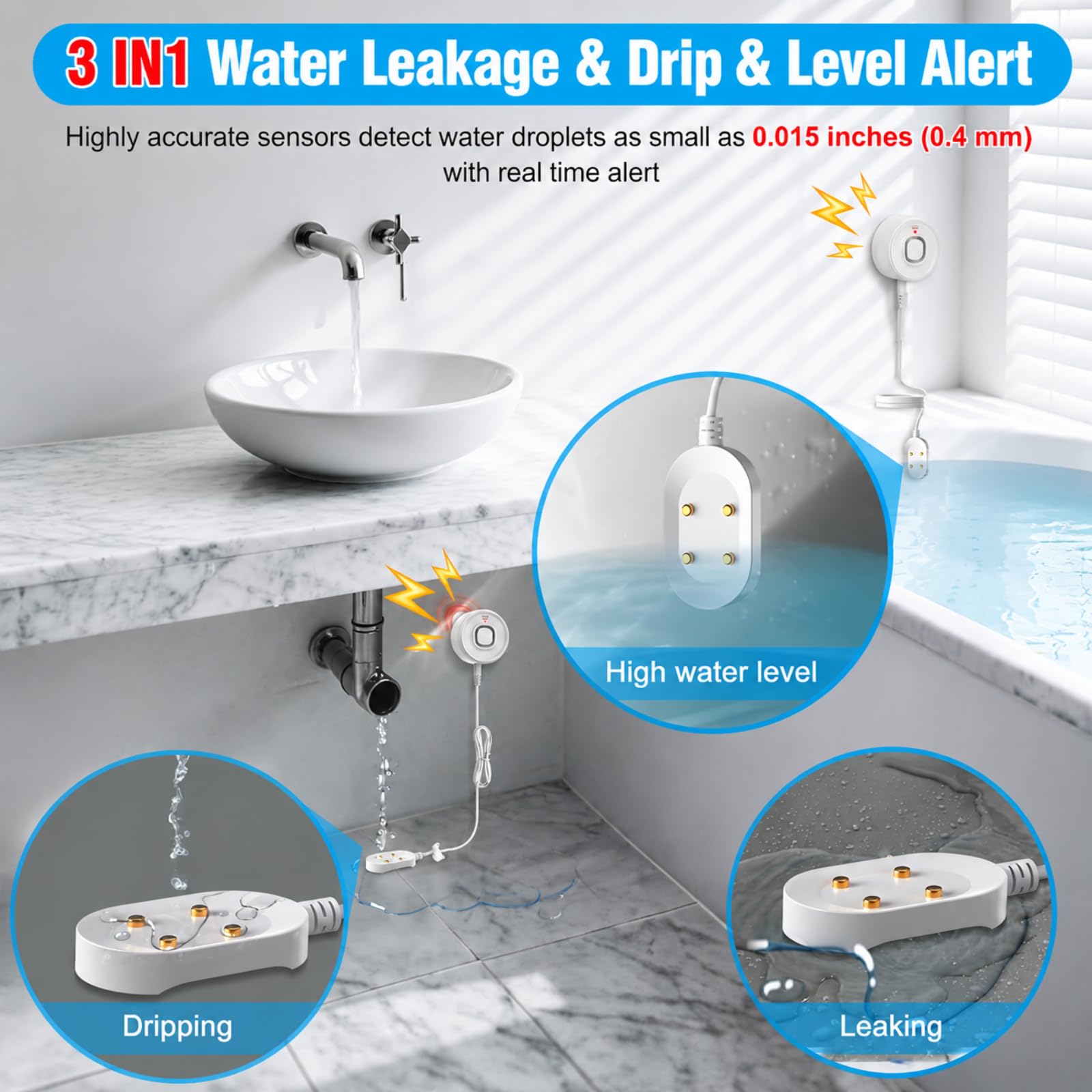 DAYTECH WLAN-Wasserleck-Detektor, 110 dB, Wasseralarm mit Telefonwarnungen und 2 m Detektorkabel, intelligenter Wasserstandssensor für Keller/Waschküche/Küche, 2er-Pack (nur 2,4 G WLAN)