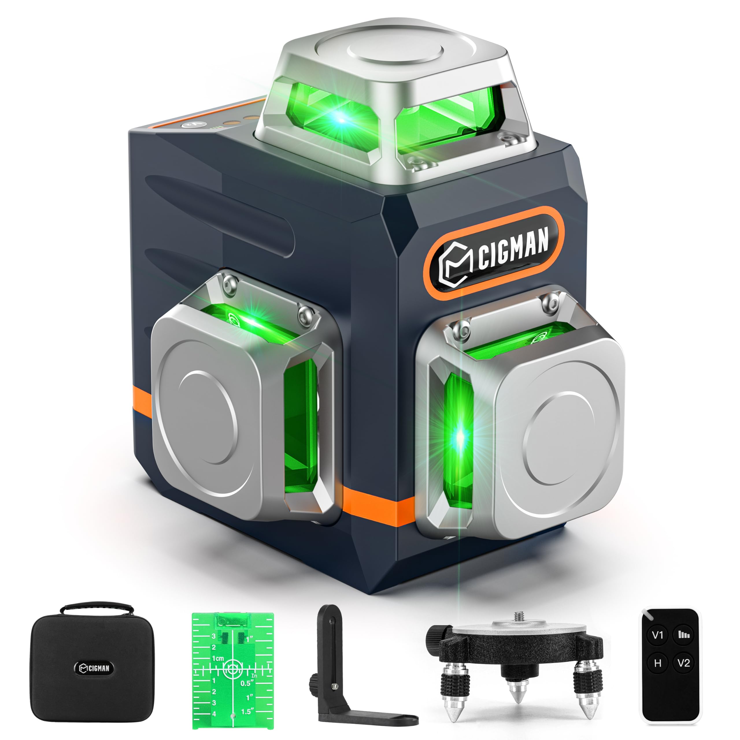 CIGMAN Laser Level Self Leveling 3x360° 3D Green Cross Line for Construction and Picture Hanging, Rechargeable battery, Remote Controller, Magnetic Rotating Stand Included