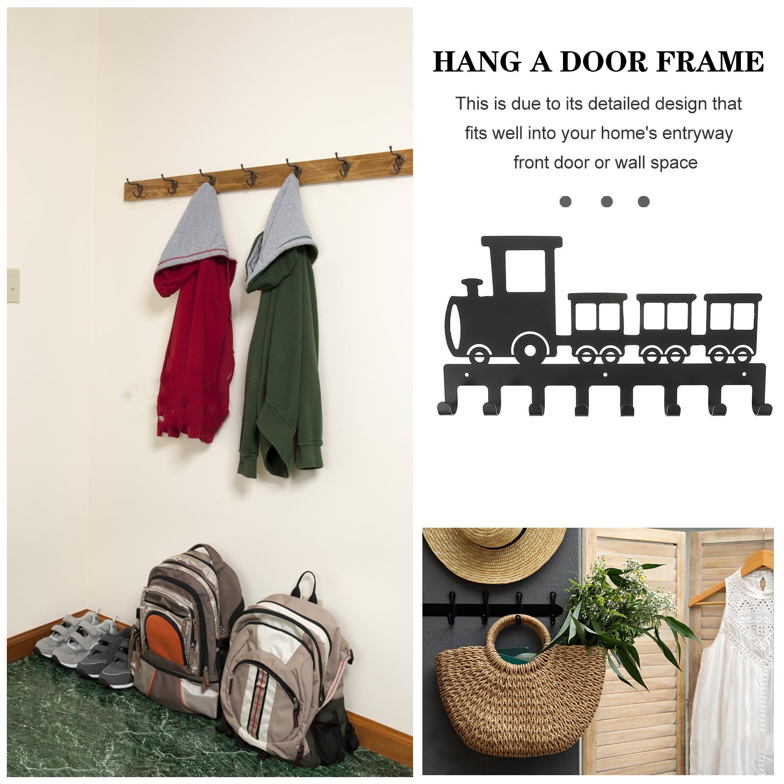 Gancho de Pared de Hierro Diseño de Tren Retro, 8 Ganchos para Colgar Ropa y Toallas, Color Negro, Adecuado para Organización en Entrada y Baño, Compacto y Resistente