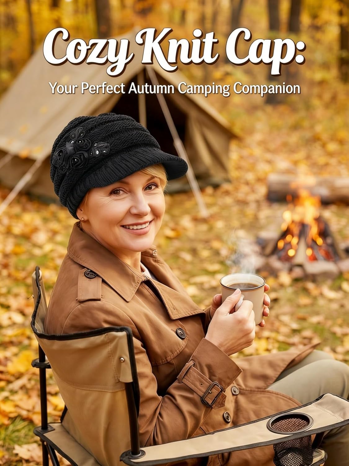 C-US Women Winter Warm Knit Hat Crochet Visor Brim Cap with Flower Accent - Image 5