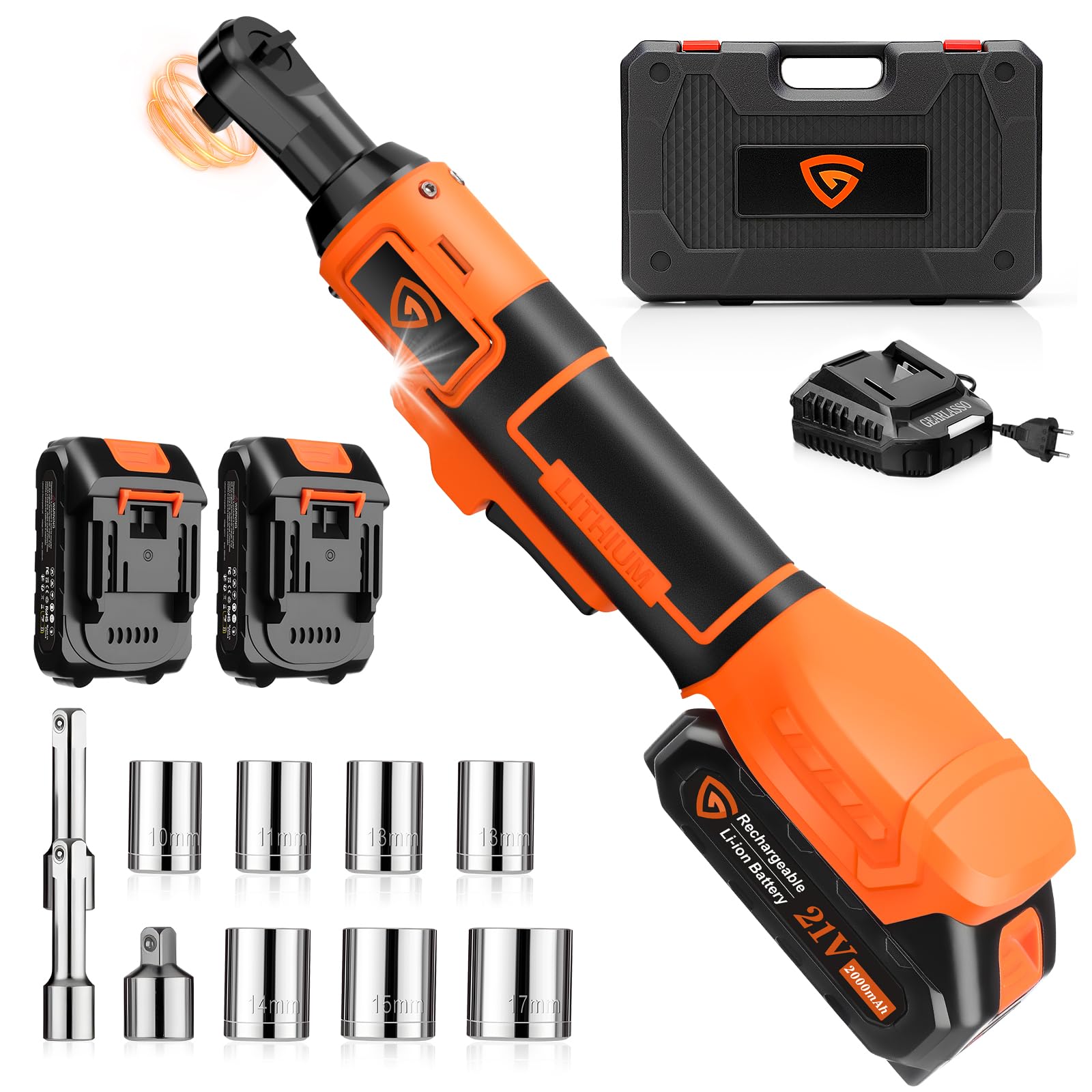 21V Akku Ratschenschlüssel, 3/8" Elektrischer Ratschen 40N.m 0–400RPM, Kabellose Ratsche mit 2×2000mAh Akku, 7 Steckschlüsseln, Schnellladegerät & LED-Licht für Auto & Heimwerker