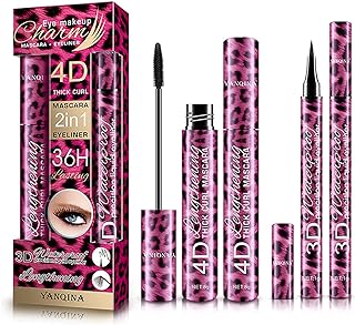 Joyeee 2 Pack Mascara Eyeliner Set, 4D Silk Fiber Eyelash Mascara and Liquid Eyeliner, Thicker Voluminous Eyelashes, Long-Lasting Waterproof Smudge-Proof Eyes Makeup Kit(07)