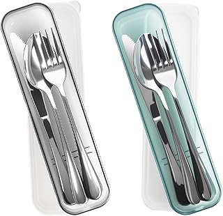 Camping Geschirr Set 2 Personen,Besteck Set,Edelstahl Reisebesteck mit Etui - Löffel Gabel Messer,Campingbesteck für Reise,Outdoor, Picknick,Arbeit,Schule,Spülmaschinenfest(Schwarz Grün)
