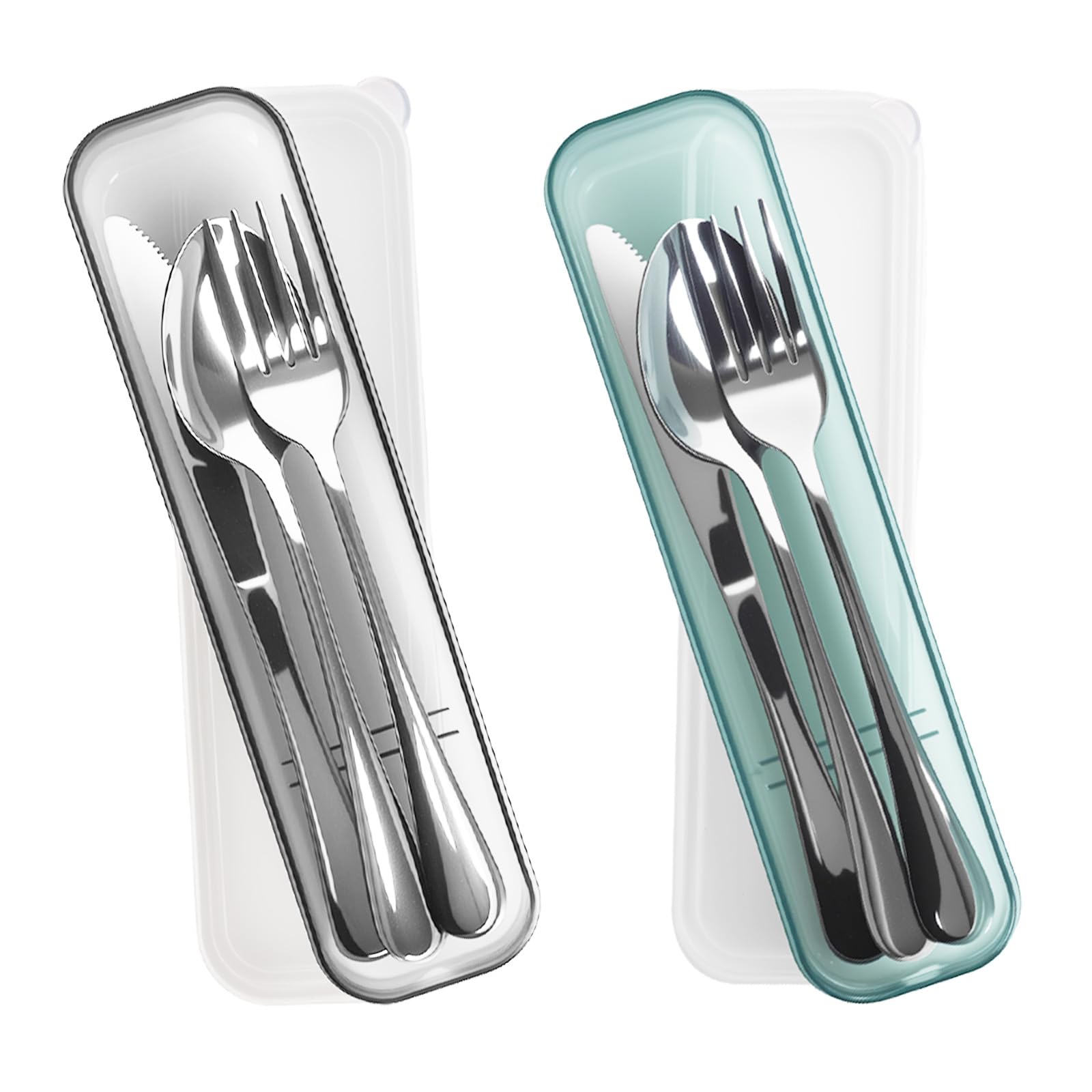 Set di stoviglie da campeggio per 2 persone, posate da viaggio in acciaio inox con custodia, cucchiaio, forchetta, coltello, posate da campeggio per viaggi, attività （Nero Verde）