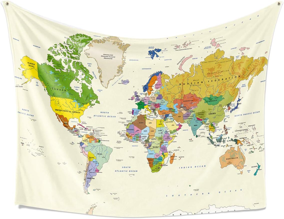 Large World Map Tapestry Wall Tapestry, Kids Educational Tapestry,World Map with Countries and Major Cities Tapestry Educational Tapestry for Bedroom aesthetics 84Wx59L In