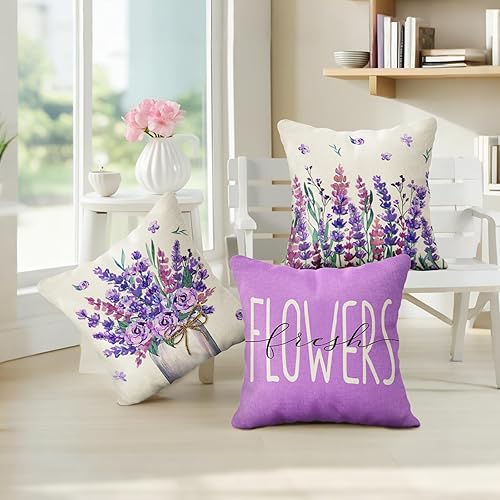 Miniatura 6 de Ficakst Juego de 4 fundas de almohada de 18 x 18 pulgadas con flores florales de lavanda morada, almohadas decorativas para primavera y verano,