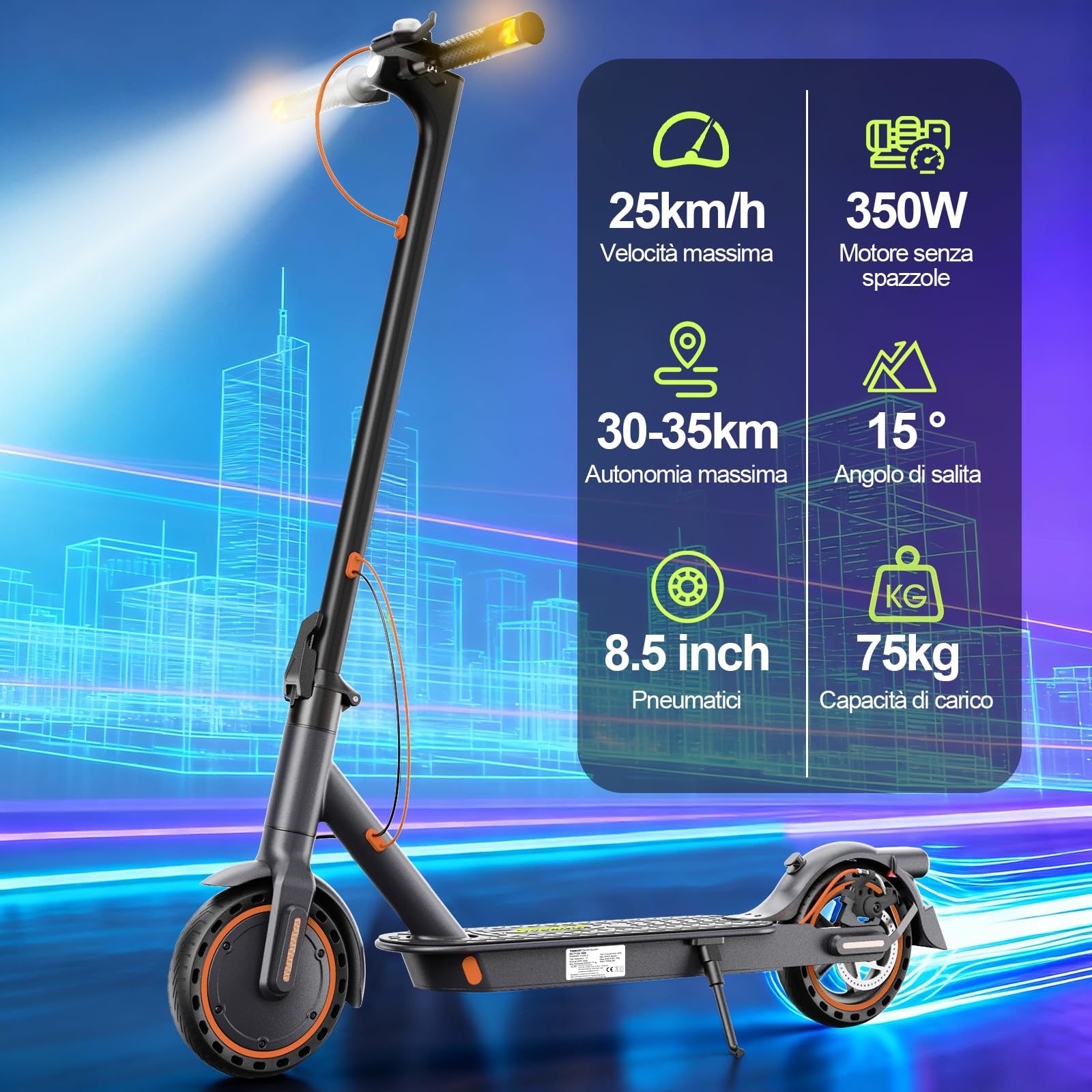 Monopattino Elettrico,Motore da 350W, 25 km/h, 30-35KM, Turn Signal, APP | 8.5" Scooter Elettrico Pieghevole, Carico Massimo 120 KG, Doppio Freno, Indicatore di direzione