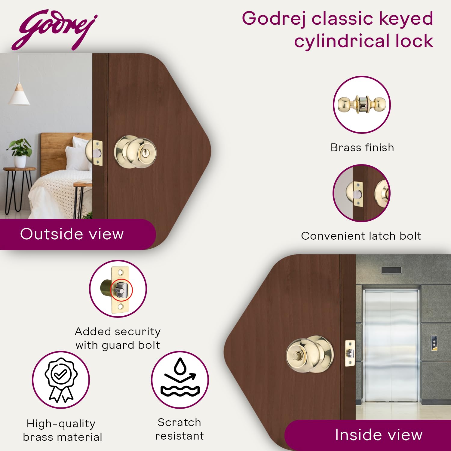Godrej Cylindrical Lock | with 3 Keys | Classic Range |for Bedroom Doors, Internal Wooden Door | 6cm (60mm) Backset | Suitable for Left/Right Handed & Inside/Outside Opening |Brass Finish 1
