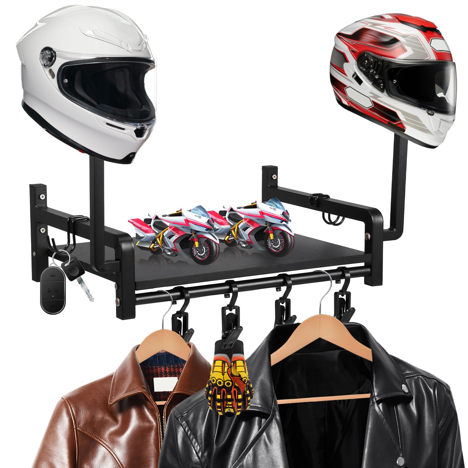 Helmhalterung Wand, Motorradhelm Halterung Display Organizer mit 2 Hutständern, Helmhalter Wandhalterung mit 4 Motorrad Handschuhhaken,Motorradkleidung Aufbewahrung für Fußballmotorräder(schwarz)
