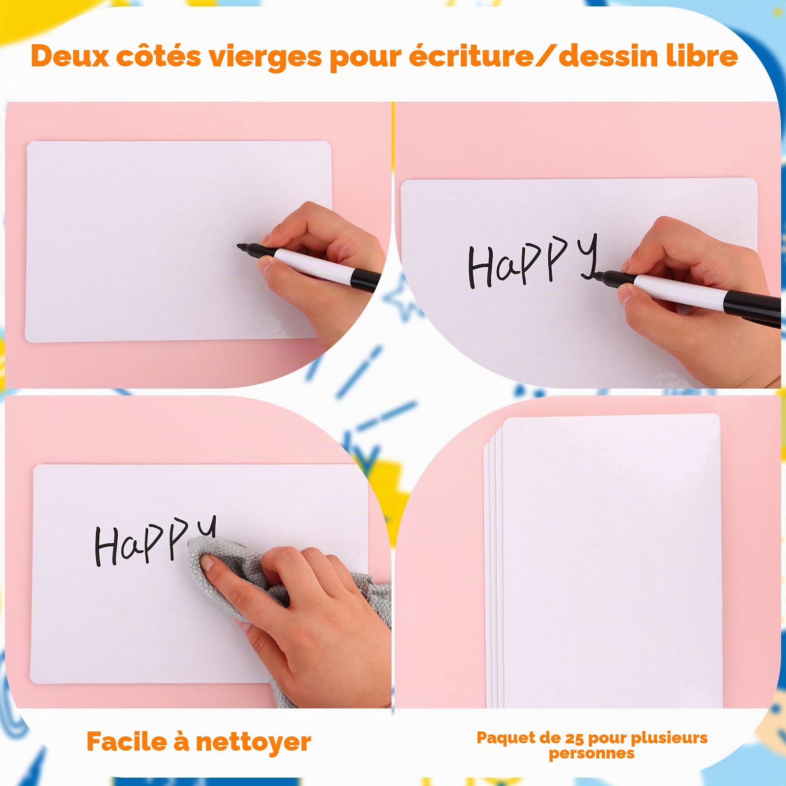 Lot de 25 mini tableaux blancs compacts double face effaçables à sec Parfaits pour la salle de classe, l'école, le bureau et l'apprentissage à domicile