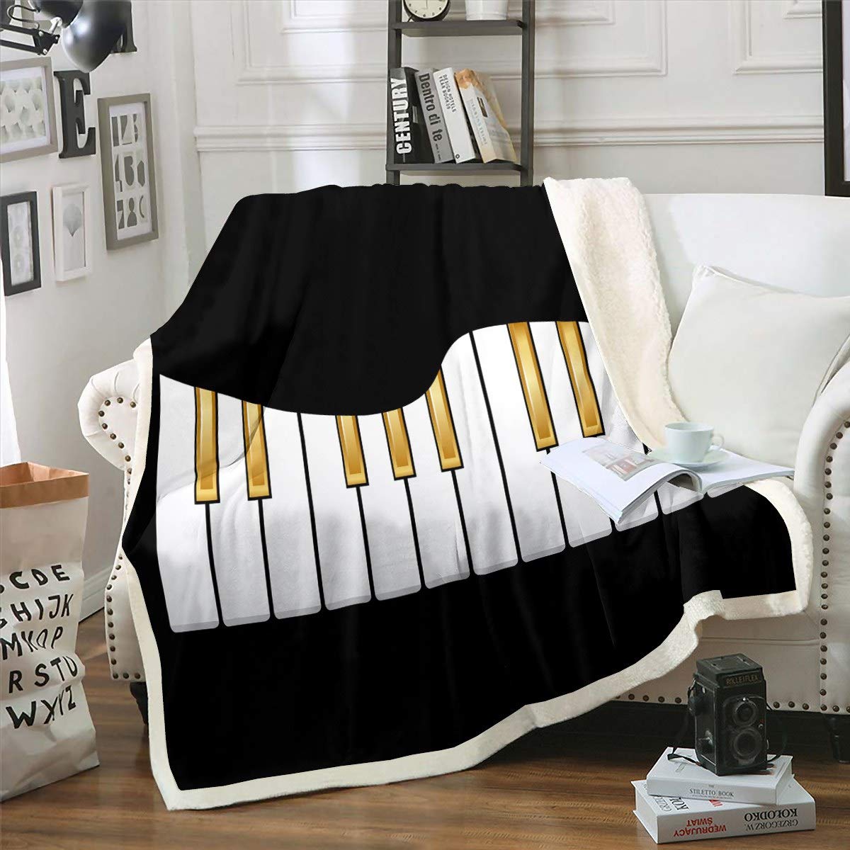 Coperta per pianoforte Sherpa con stampa di strumenti musicali, coperta in pile, per bambini, ragazzi, ragazze, musica popstar, per feste in peluche, coperta color oro, per divano letto, letto king