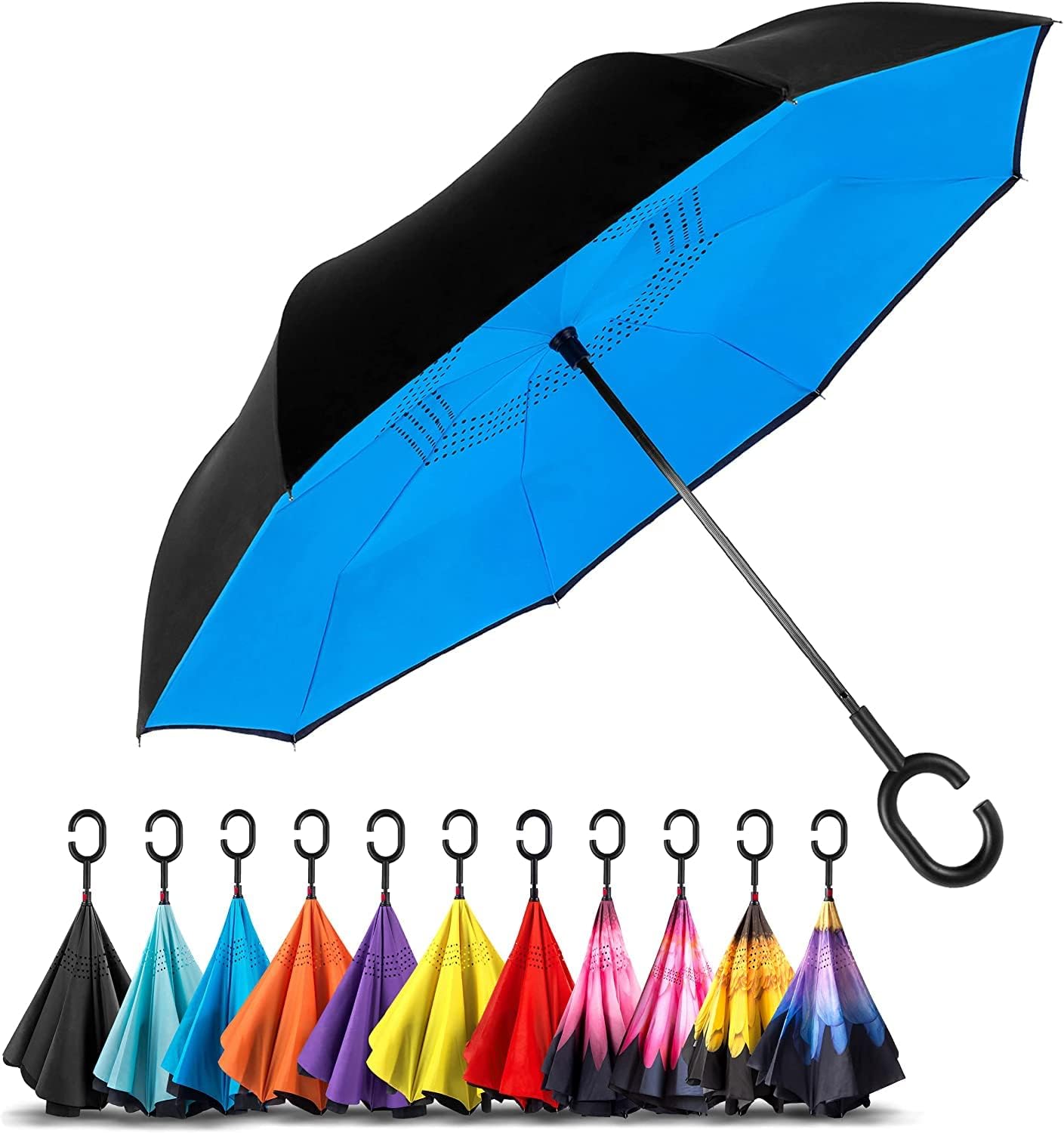 CARTIFY Double Layer Modern Automatic Inverted Reversible No Drip Umbrella with C Shape Handle Fast Monsoon Offer Safety Umbrella Heavy Duty And Dust Proof (Multi color)