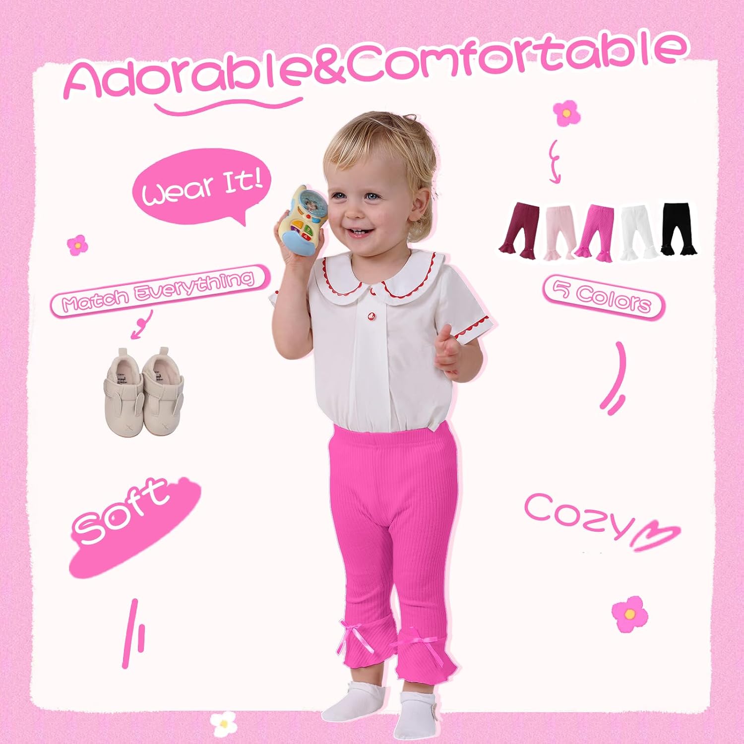Newborn Toddler Baby Girl Pants Leggings Ribbed Straight Flare Infant Girl Pants Leggings Bell Bottoms 5 Packs - Image 4