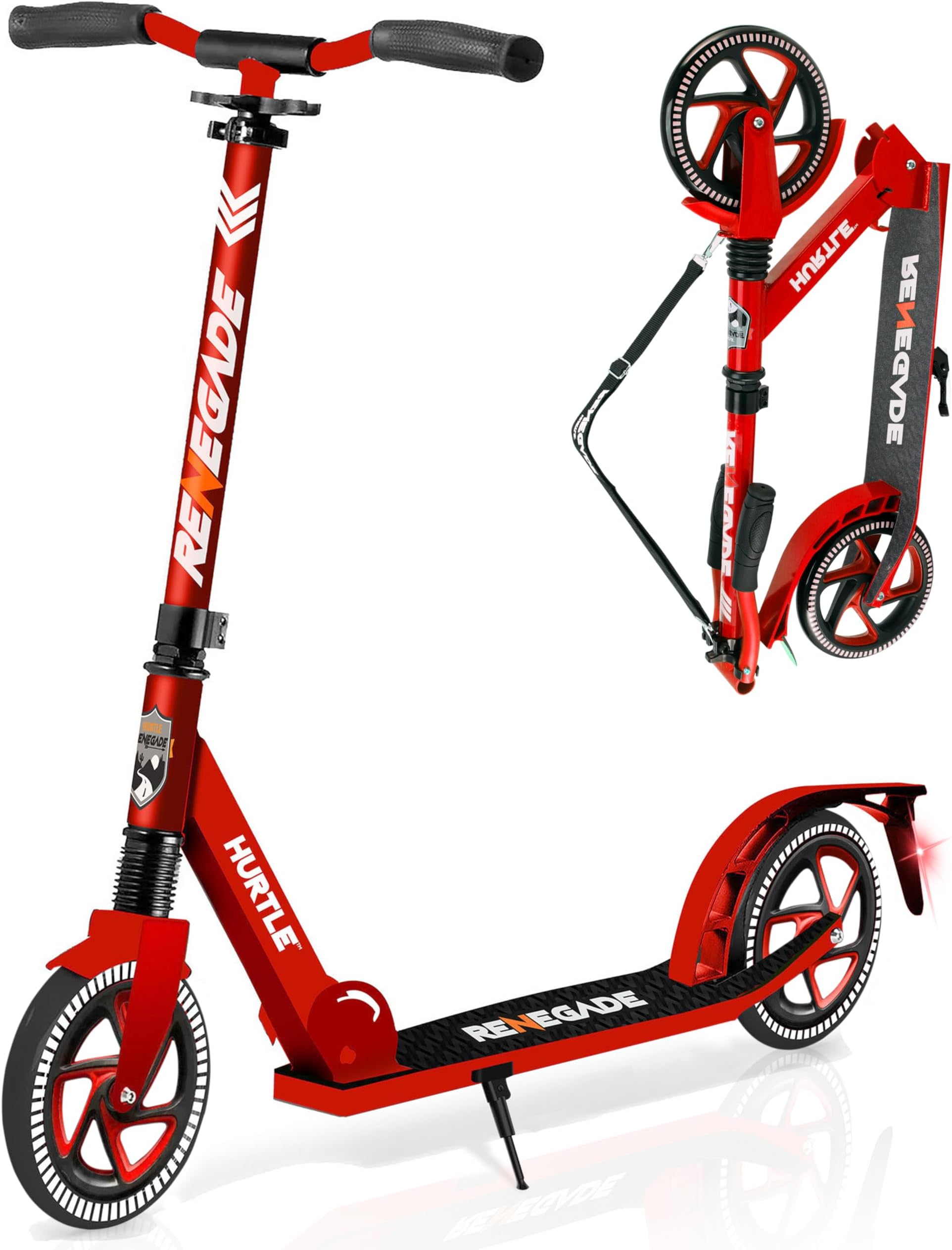 Hurtle Renegade Kick Scooter for Kids, Teenagers & Adults - 2-Wheel Folding Scooter with Adjustable T-Bar Handlebar - Alloy Anti-Slip Deck