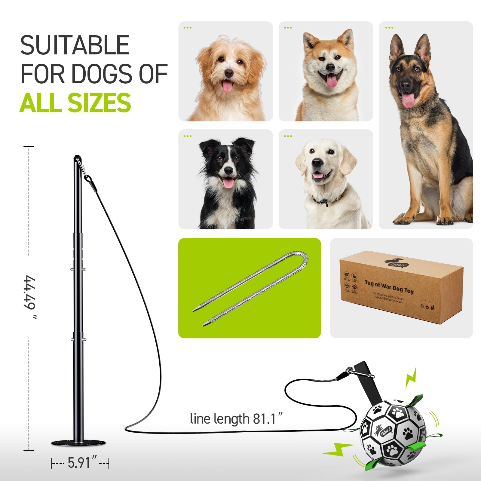 QDAN Tether Tug Jouet d'extérieur pour chien, jouet interactif durable avec poteau réglable, jouet d'extérieur pour chiens, balle de football, jeu personnel et jouet à tirer pour chiens de petite