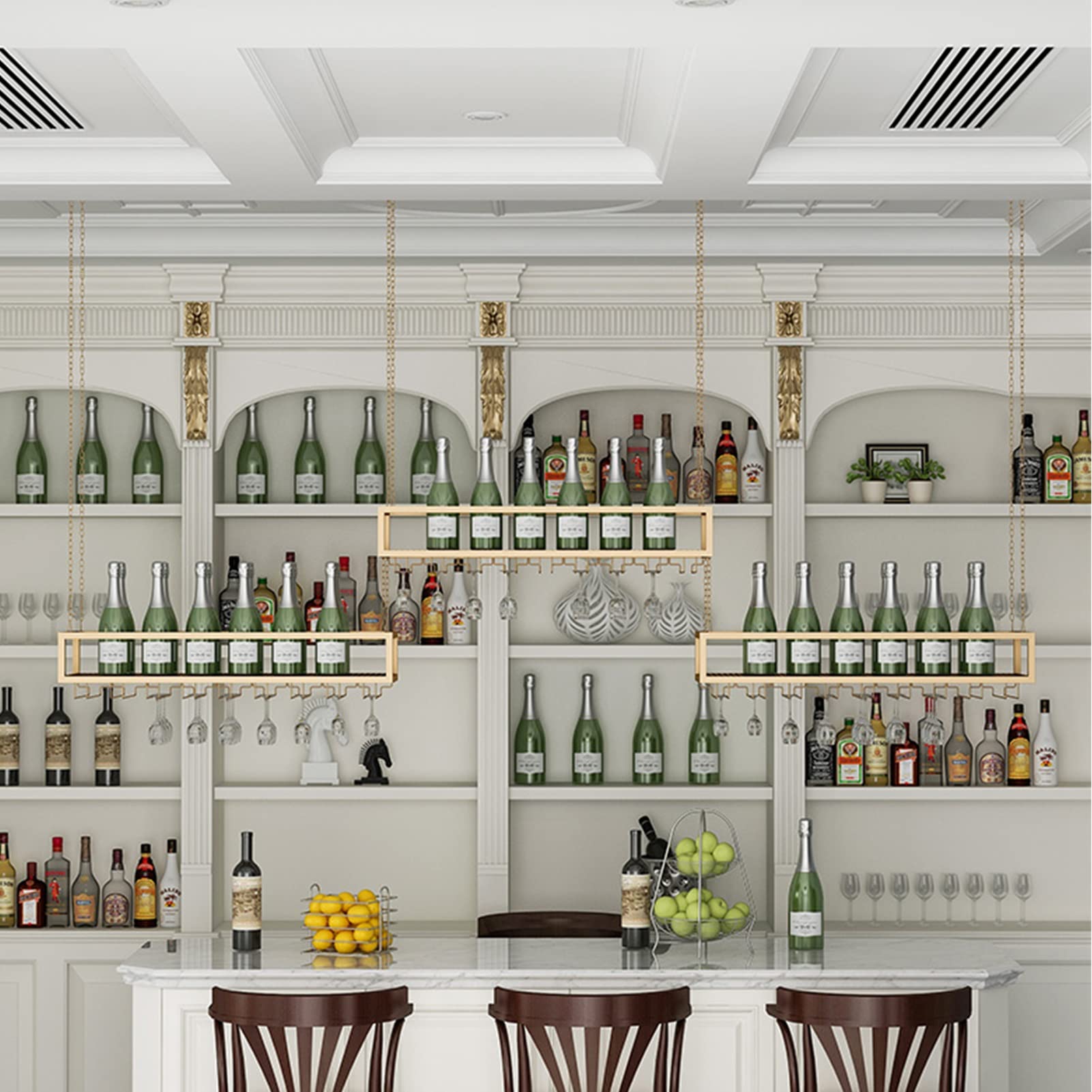 Estante para Copas de Vino bajo Estante, Soporte de Metal Dorado para Copas, Organizador Colgante para Mueble Bar y Cocina - Diseño de Cadena de Hierro (100x25x21cm)