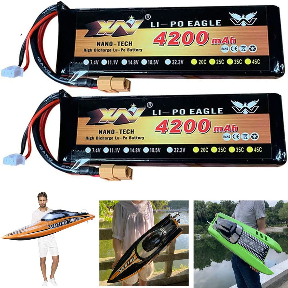 Lot de 2 batteries de rechange pour bateau télécommandé par application 2,4 G S4.0 Pro RC Boat TOMIC SR85 (7,4 V 4200 mAh)
