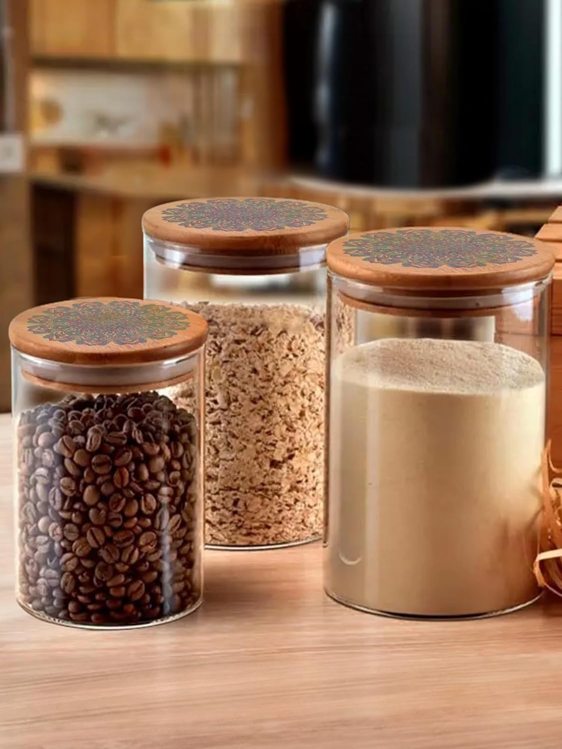 Kuber Industries Borosilicate Glass Jar with Printed Bamboo Lid | Multi-utility | Leakproof | Airtight Jar for Cookies, Snacks, Tea, Coffee, Sugar |Pack of 3 (300ml, 600ml, 1000ml)