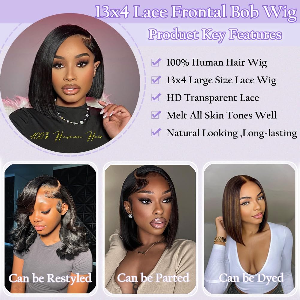 Lace Front Bob Wigs Human Hair 13x4 HD Lace Glueless Bob Wig Human Hair Short Straight Frontal Wigs for Women Pre Plucked with Baby Hair Side Part 180% Density Natural Black 14 Inch - Image 6