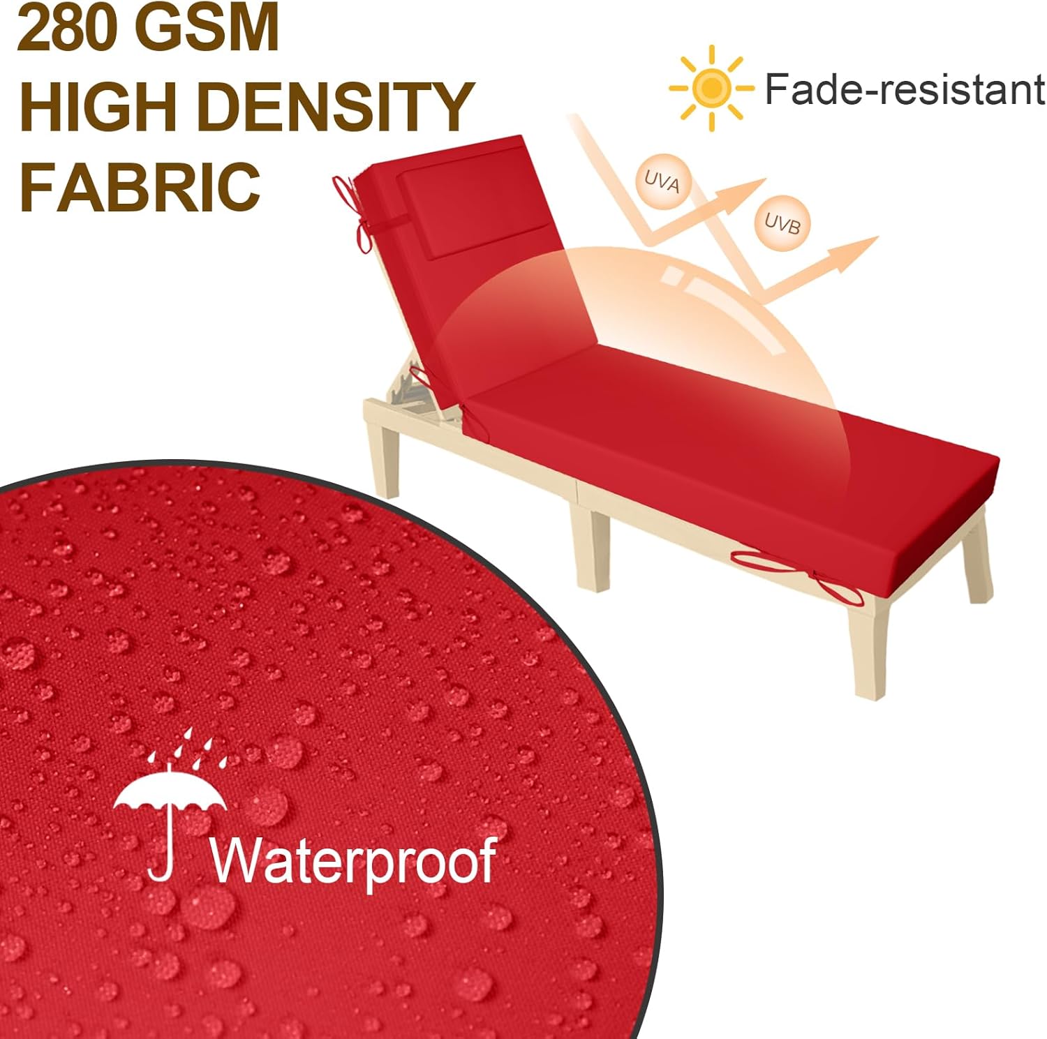 Chaise Lounge Cushions Outdoor Set of 2, Lounge Chair Cushion with Pillow,Waterproof Fade & Tear Resistant Sun Lounger Replacement Pad with Removable Cover for Patio Pool Deck Lawn(Red, 72x21x3 in)