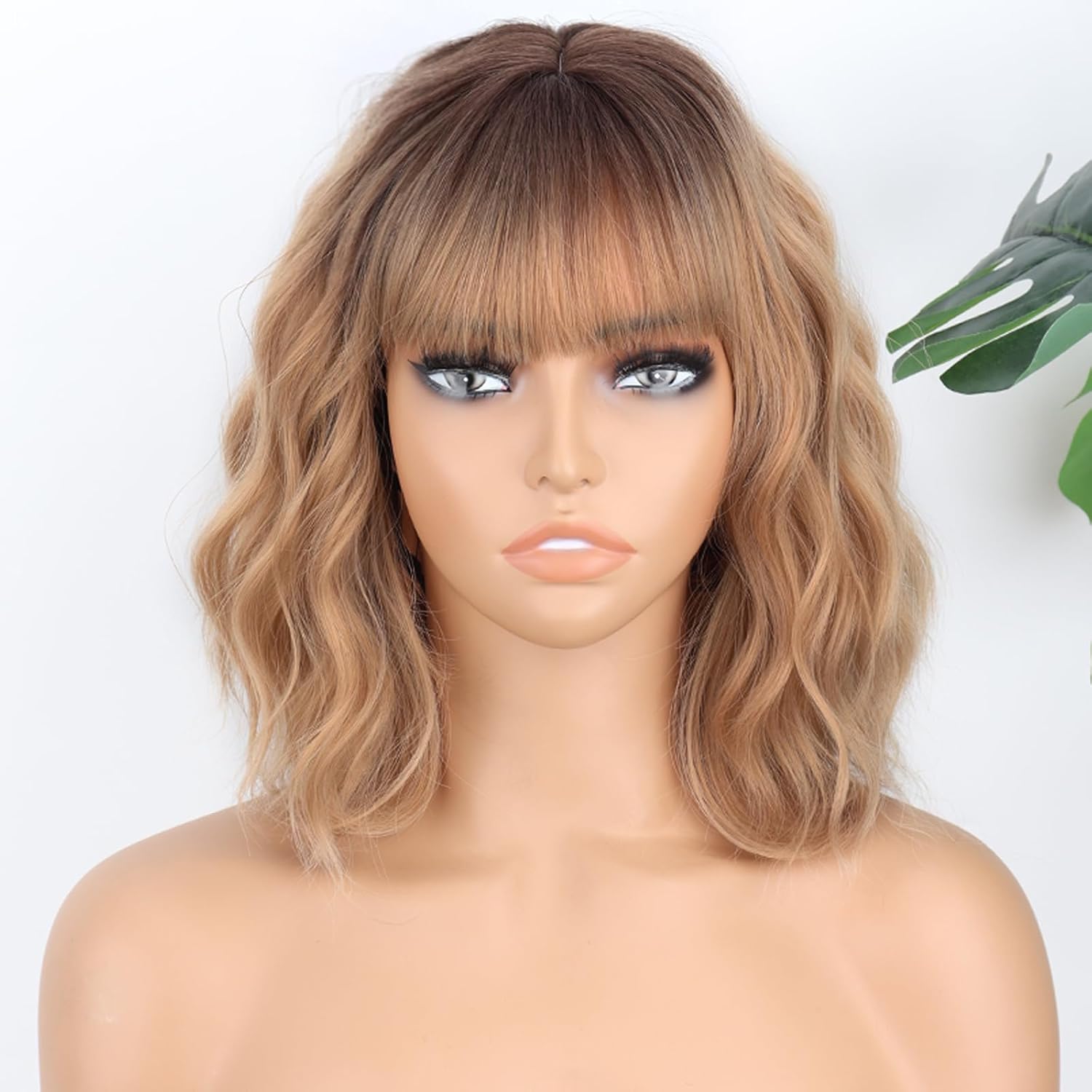 MISSQUEEN Short Blonde Wig with Bangs Synthetic Curly Wavy