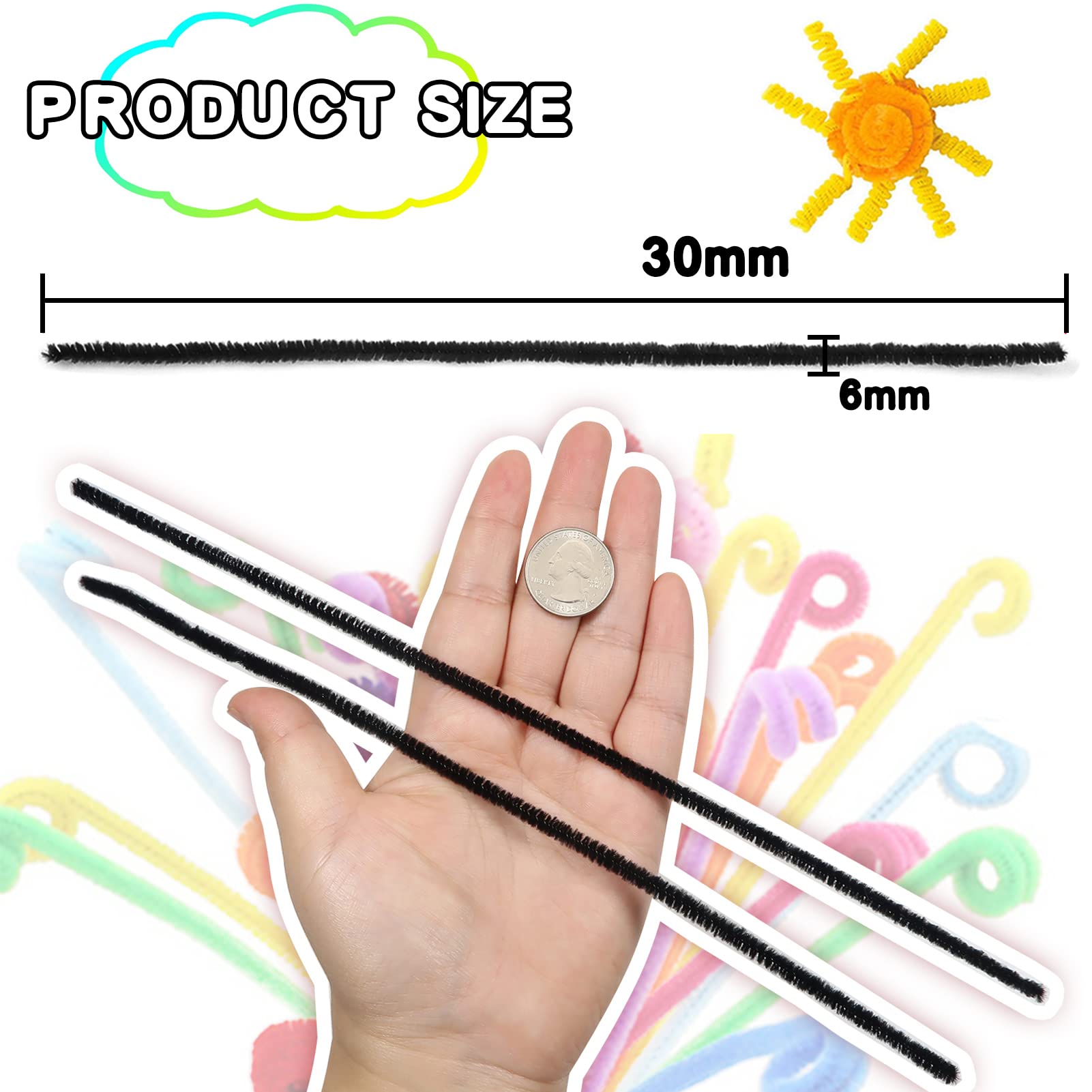 TOAOB 100pcs Black Pipe Cleaners for Craft 30cm Long Chenille Stem 6mm Thick Fuzzy Sticks Craft Supplies for DIY Flowers Projects Home Decorations - Image 2