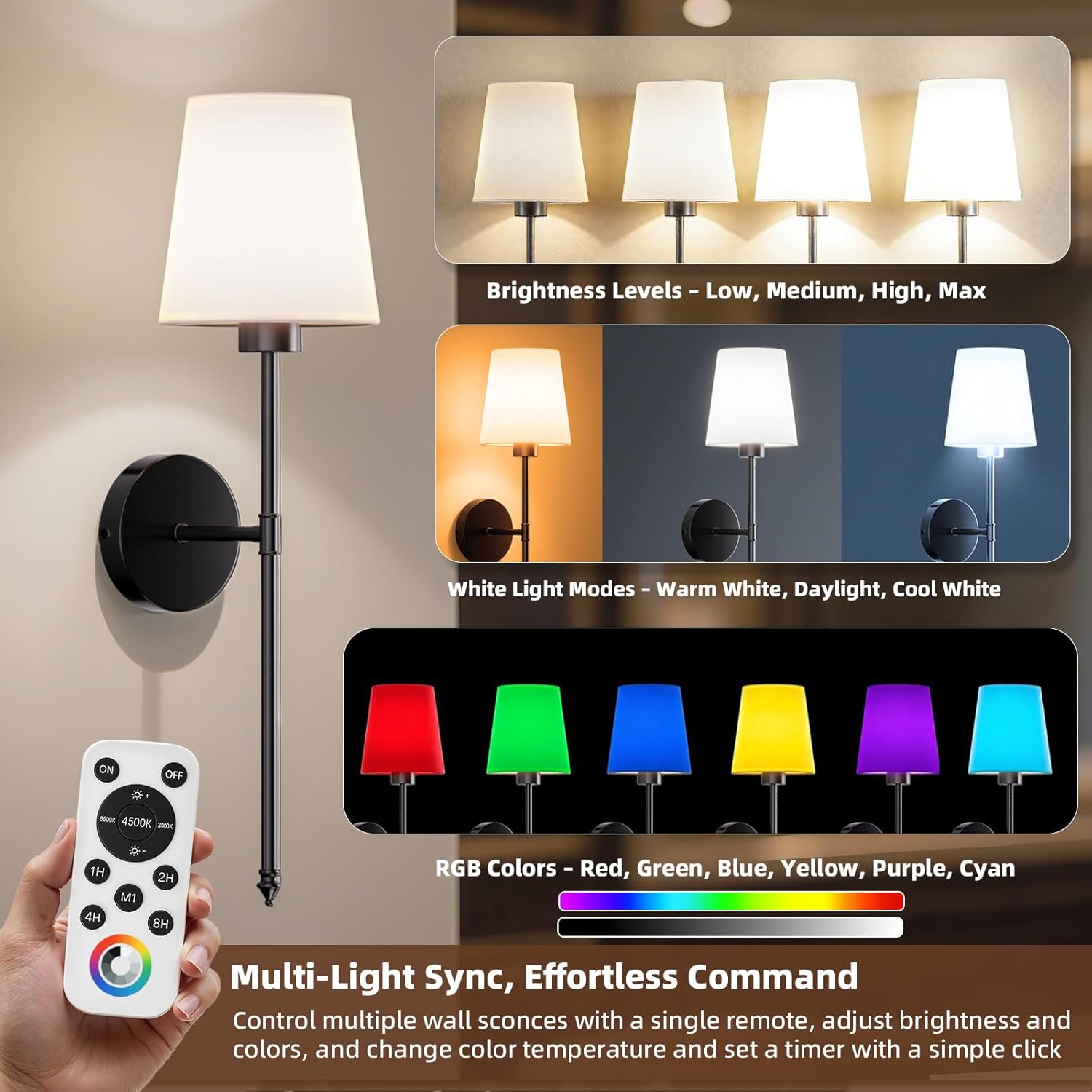 Battery Operated Wall Sconce Set of 2, Wireless Wall Sconces Set of Two, 10 Colors Wall Sconces Battery Operated, 5200mAh Dimmable Bulbs and Remote, for Bedroom, with Bonus Bulb (24 inch - Black)