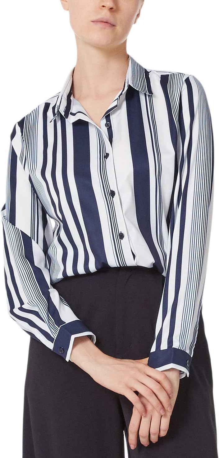 GOSOPIN Womens Striped Tops Long Roll Sleeve Button Down Blouses V Neck Casual Chiffon Shirt