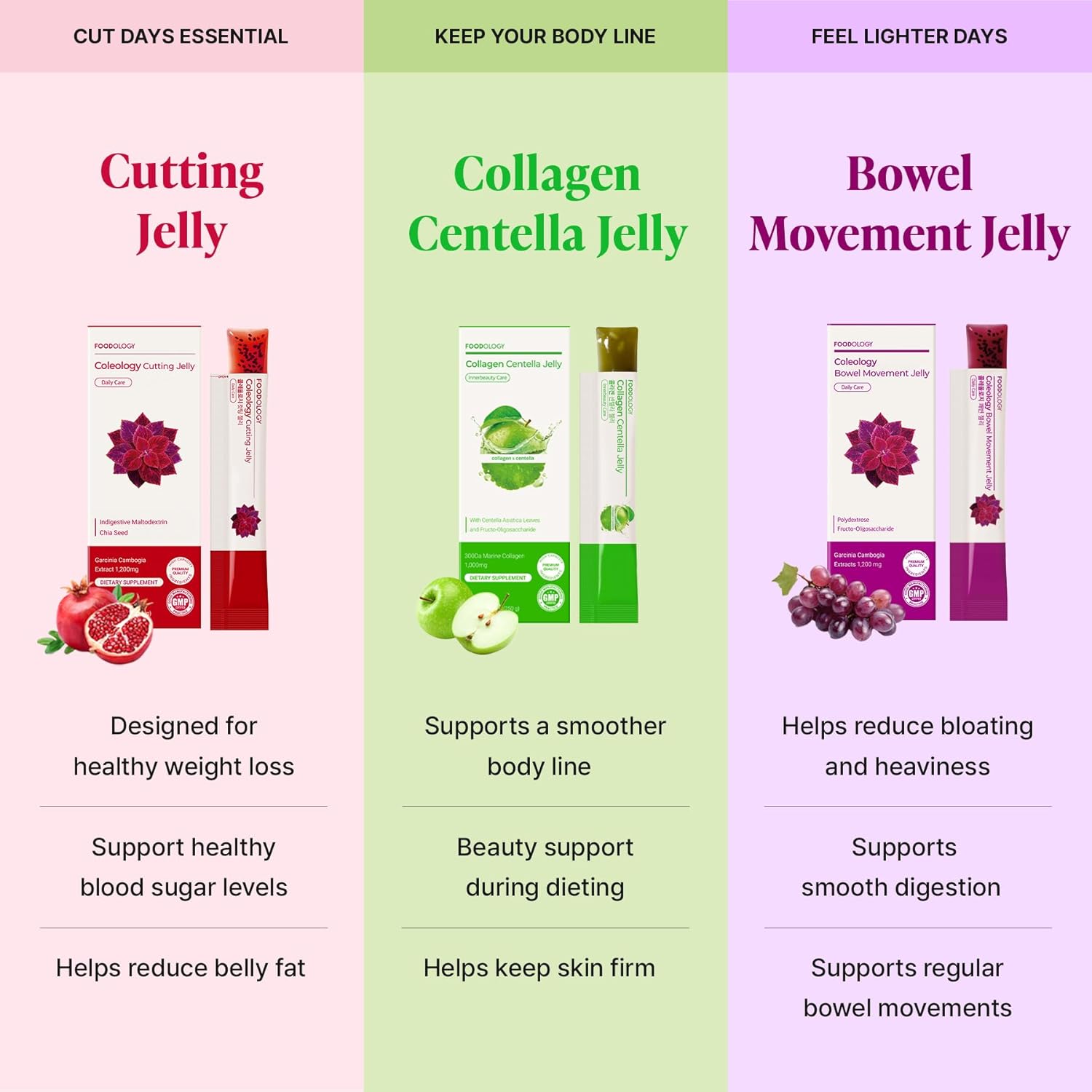 FOODOLOGY Stick Jelly Trio: Cutting & Bowel Movement & Collagen Jelly, Dietary Fiber Supplement Set, for Weight Management, Gut Health & Daily Regularity, Collagen Peptide with PDRN