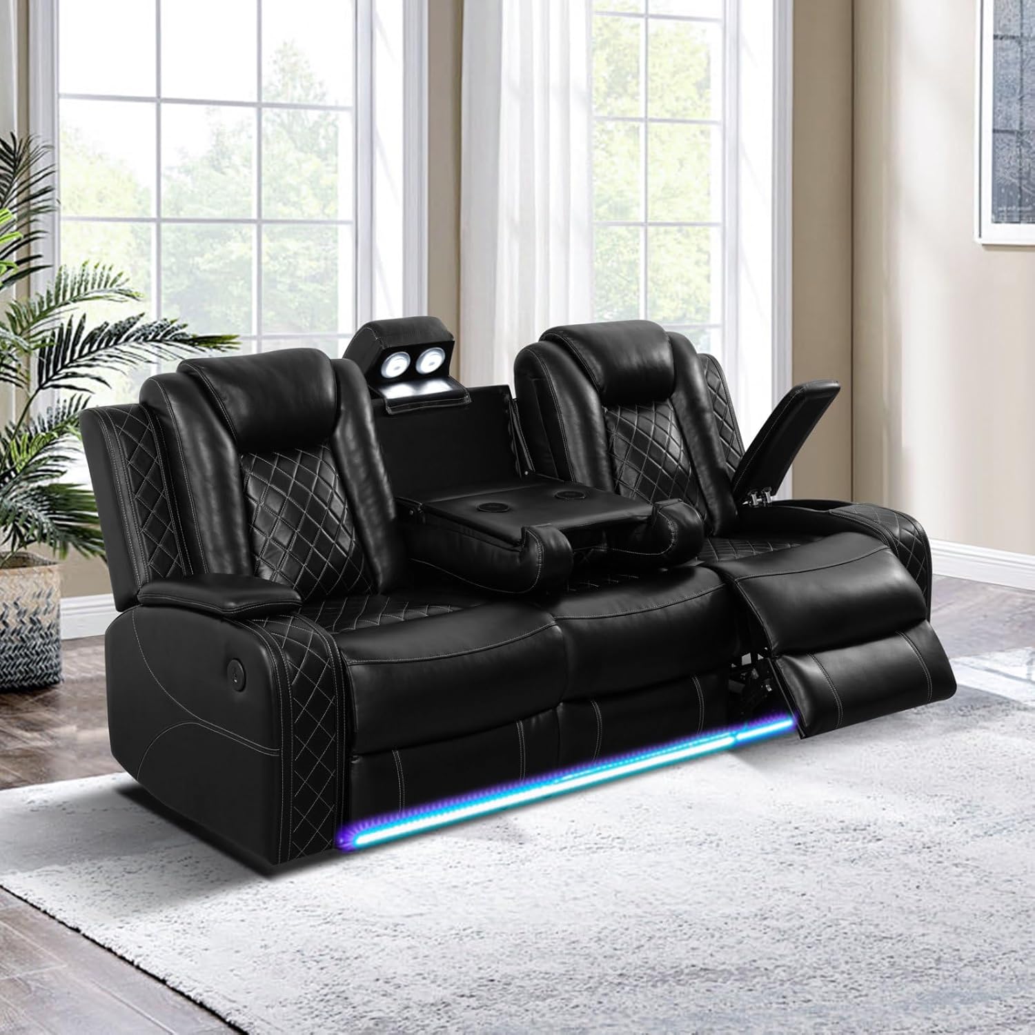Black Power Recliner Sectional Sofa Set with LED, Luxury Breathing Leather Reclining Corner Couch Set, 9 Seat L-Shaped Sofa Couch Set with Cup Holders/Storage for Living Room (Sectional+Sofa)