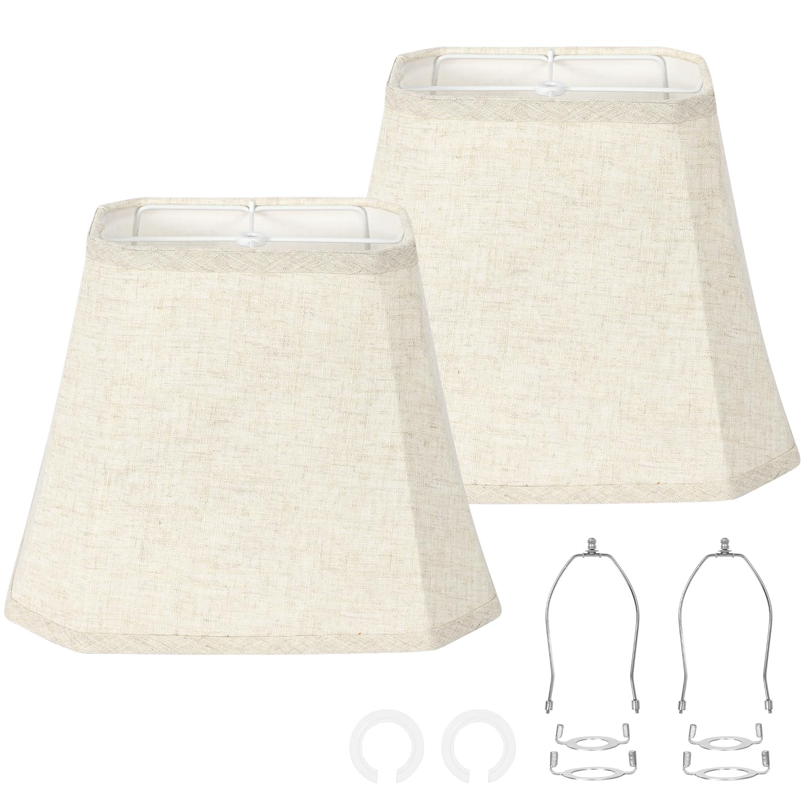 OUTON Square Cut Corner Lamp Shades Set of 2, 9" x 14" x 10.5" Beige Lampshades for Table Lamps Floor Lamps, Natural Linen Light Shade Replacement, Spider, Harp Holders Included, Easy to Assemble