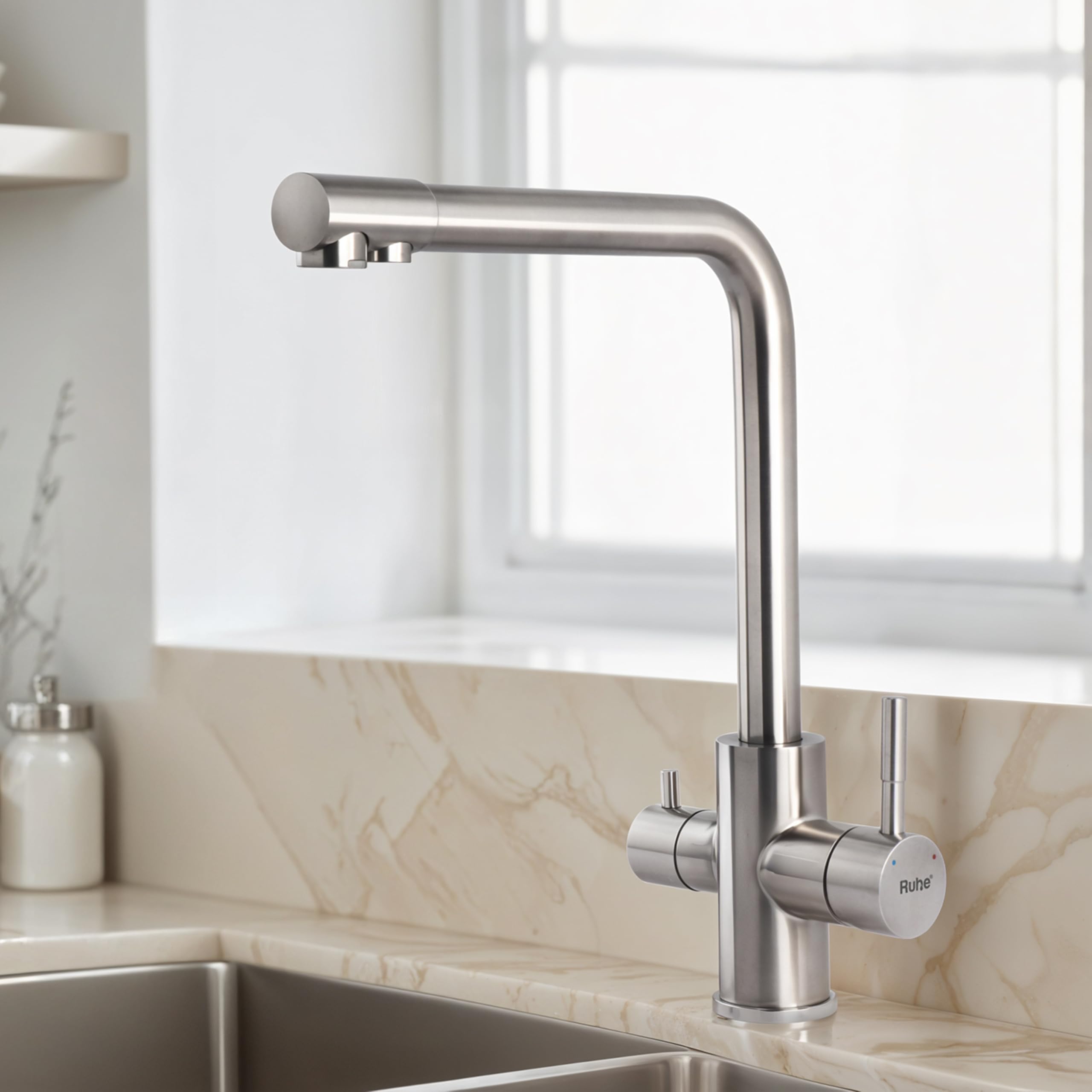 ruhe® trim kitchen sink mixer tap with ro water supply | hot & cold dual water| countertop tap| 304-grade stainless steel kitchen faucet - silver | table mounted faucet for kitchen sink