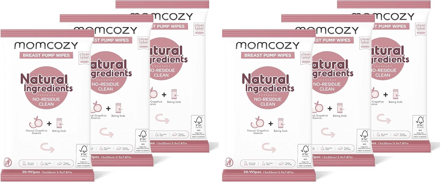 Momcozy Natural Breast Pump Wipes for Pump Parts Cleaning On-the-go, 30 Count (Pack of 6), Flash Clean & Resealable Pump Wipes