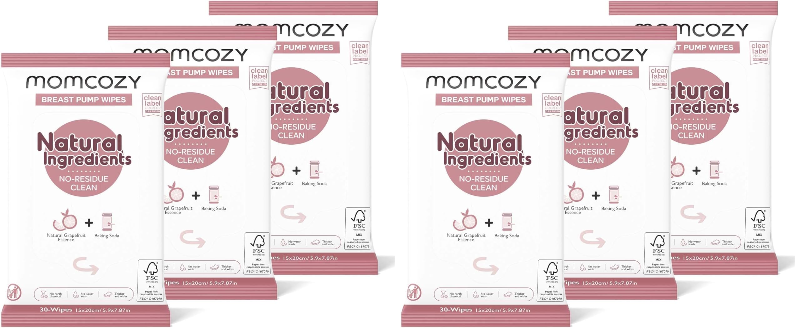 Momcozy Natural Breast Pump Wipes for Pump Parts Cleaning On-the-go, 30 Count (Pack of 6), Flash Clean & Resealable Pump Wipes