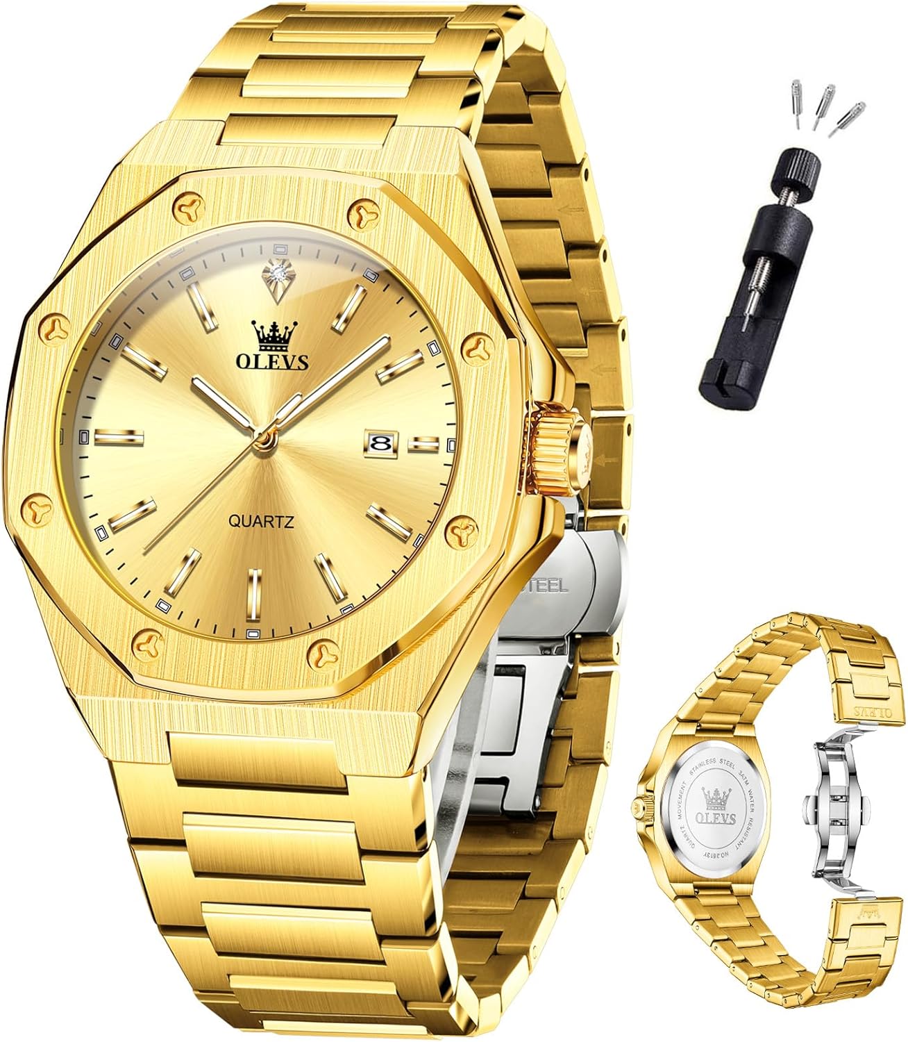 OLEVS Mens Watches Octagonal Luxury Stainless Steel Dress Watches for Men Quartz Analog Large Face Luminous Relojes para Hombres