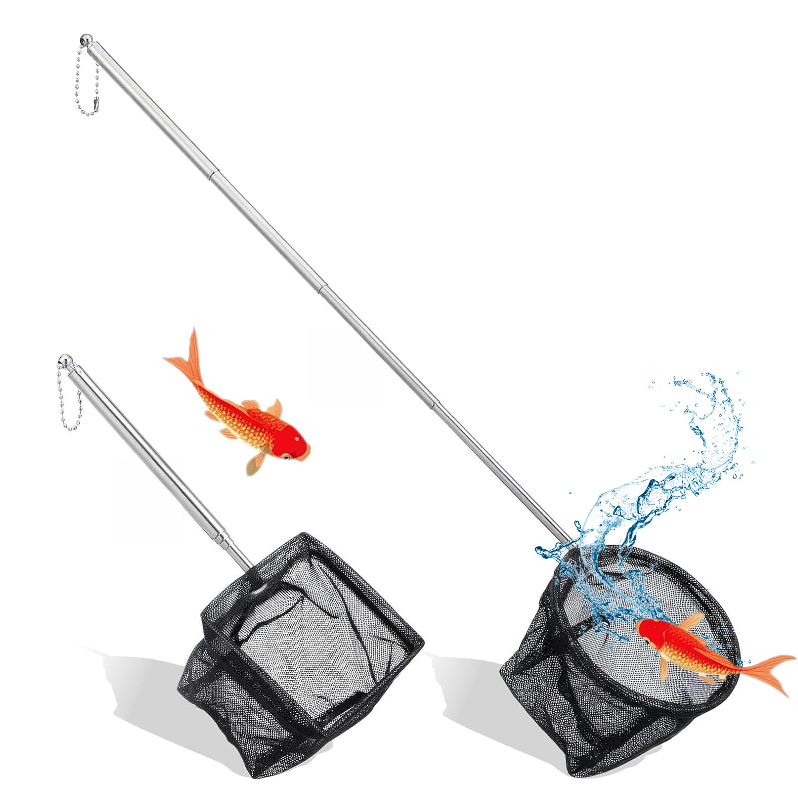 XIEHUZA 2Pack Aquarium Fish Nets, Small Fishing Net with Extendable Handle Stainless Steel Long Handle 5.3-15.8 Inch, Fine Mesh Nylon Fish Shrimp Nets for Tank, Ponds - Square & Round (2Pack - Black)