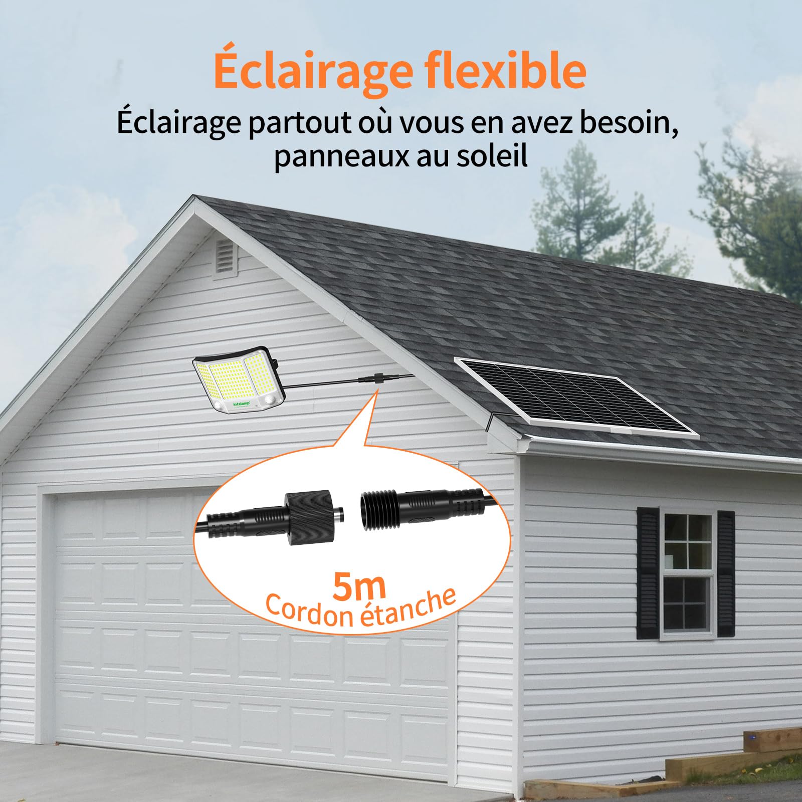 intelamp Solarleuchte für den Außenbereich, Bewegungsmelder mit Fernbedienung | 20.000 mAh, 4000 lm, Solarstrahler, IP65, wasserdicht, Außenbeleuchtung, mit 5 m Kabel, für Garten, Garage, Hof