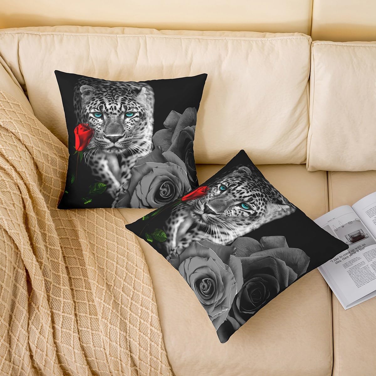 Erosebridal Leopard Cushion Covers,Red Rose Flower Cheetah Boys Cushion Cases Safari Panther Floral Pillow Covers,Wild Animal Romantic Black White Set of 2 Throw Pillow Covers 24x24 Inch