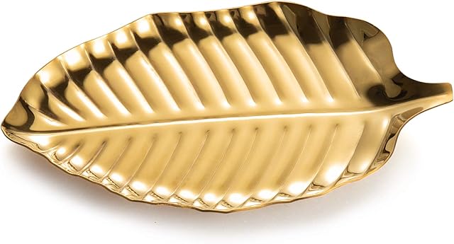 IMEEA Mini Trinket Tray Gold Leaf Shaped Tiny Jewellery Dish Plate Stainless Steel Decorative Tray Earrings Rings Key Organizer Dish Dresser Decor(6.6 x 3.7inch)