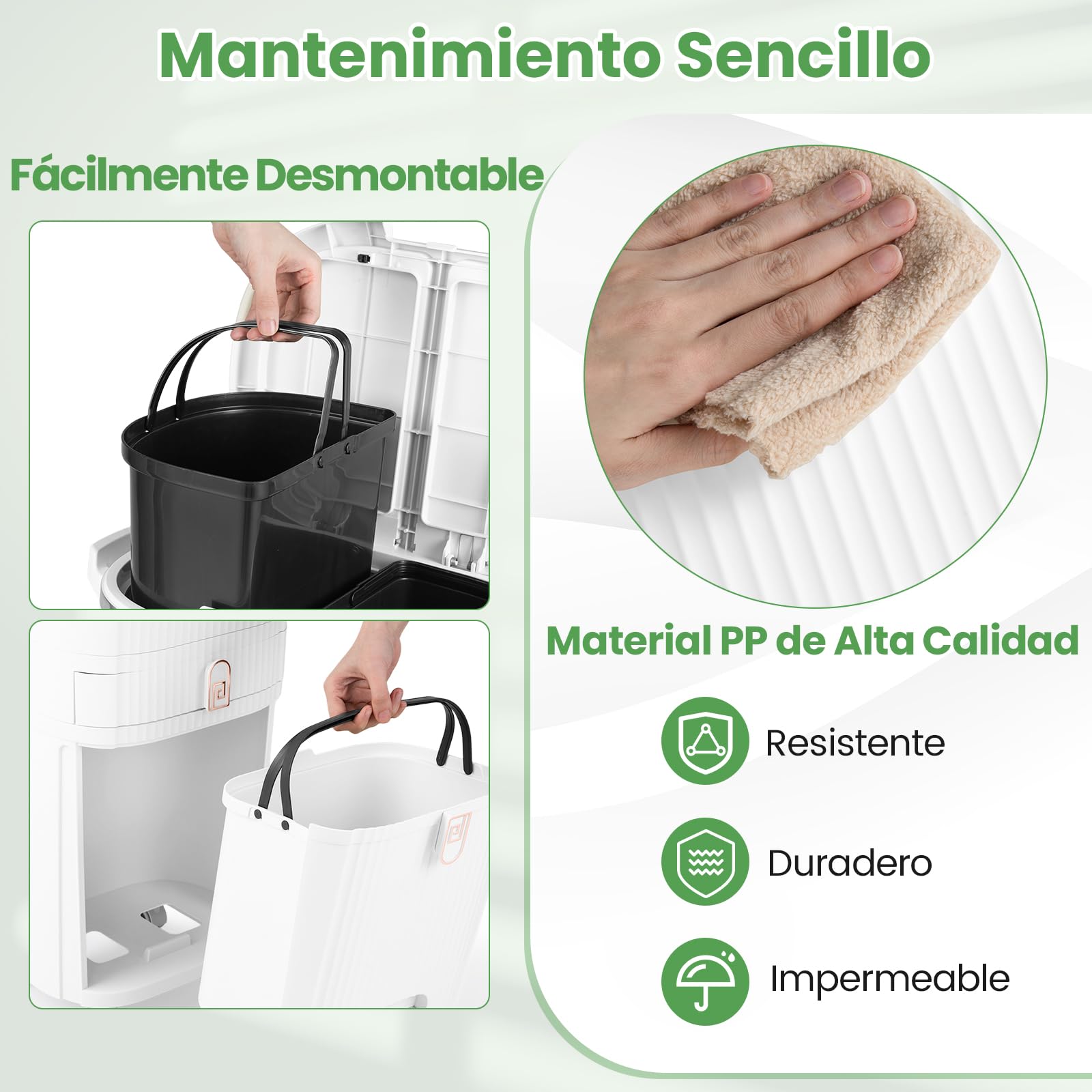 COSTWAY Cubo de Basura Cocina Reciclaje de 42L (12+12+14+4) L, Papelera de Reciclaje con 3 Compartimentos, 2 Cubos Extraíbles, Pedal y Ruedas, Contenedor de Residuos Cocina, 43x29x82,5 cm, Blanco