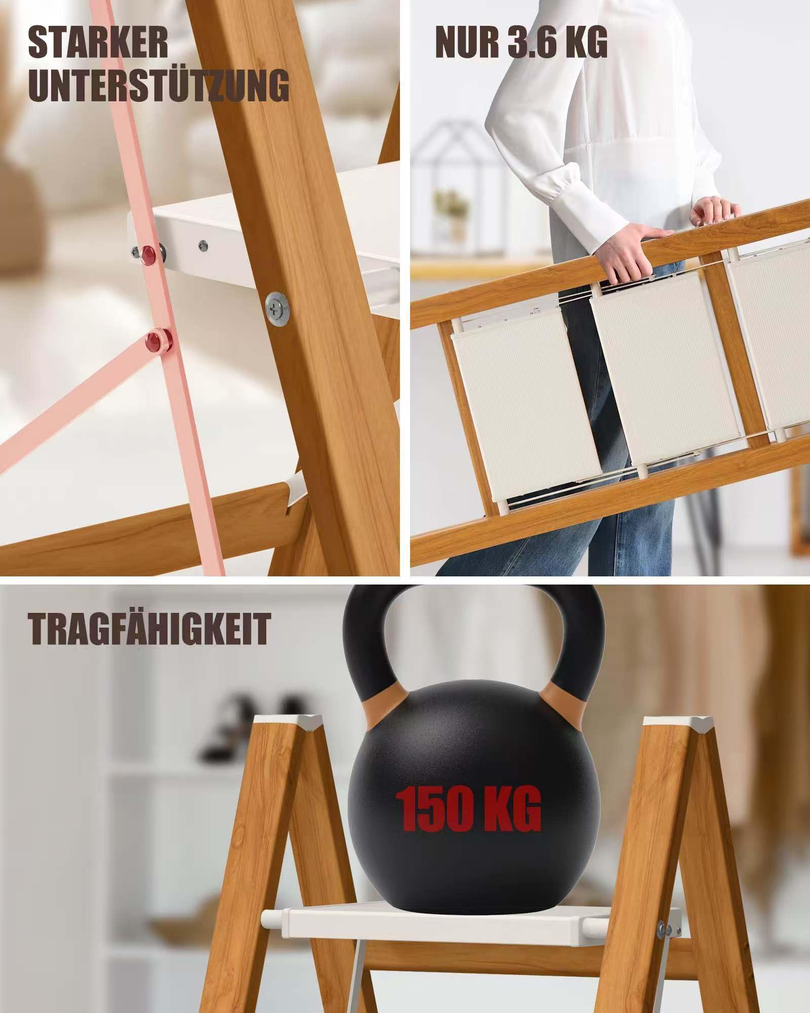 Trittleiter 3 Stufen klappbar,150 kg Kapazität mit Anti-Rutsch-Pedal,Tragbarer Tritthocker aus Alu,einfach zu verstauen,Innen- und Außenbereich, ästhetisches Aussehen,Weiß Holz Look