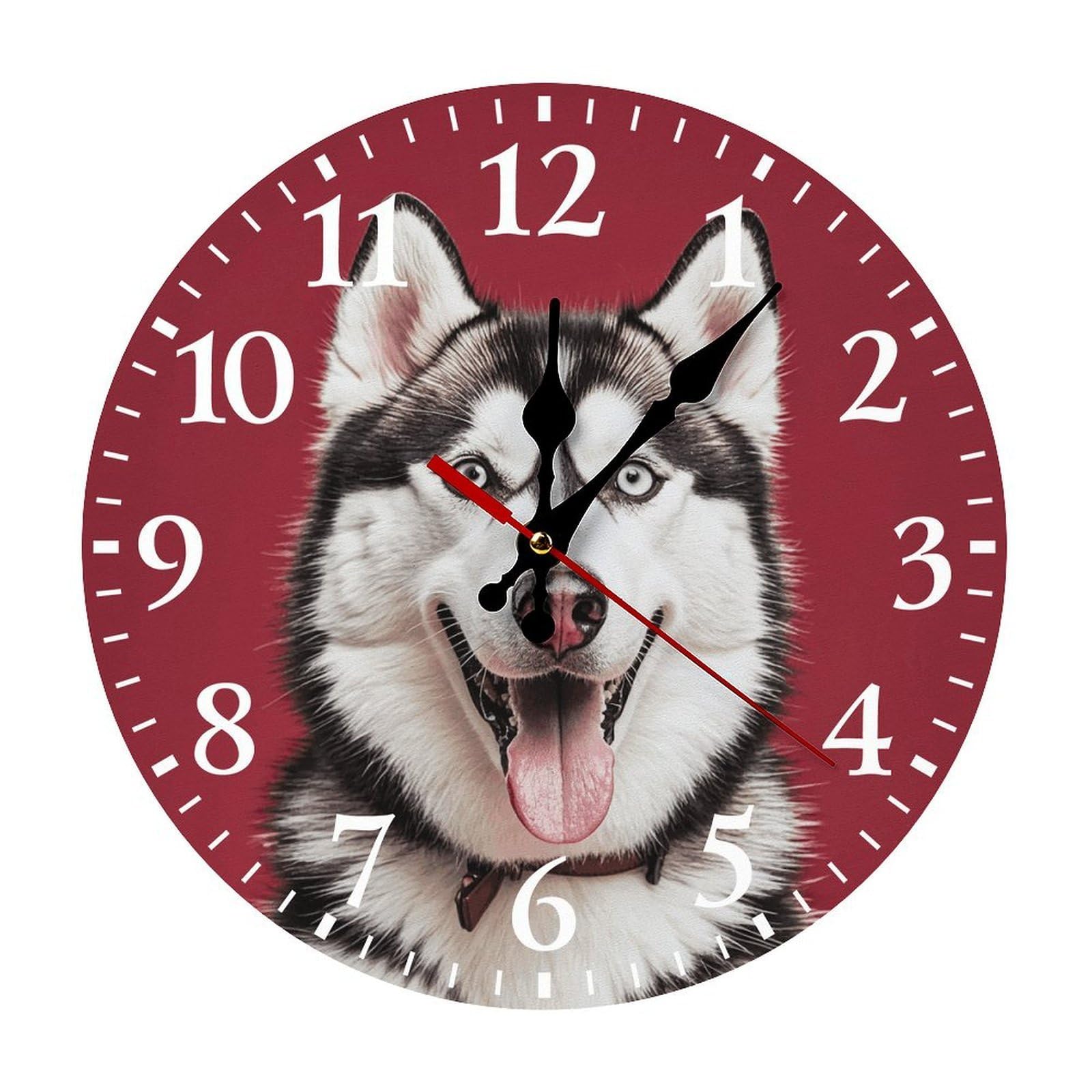 QMNLKH Lovely Husky Wall Clock for Home, Battery Operated Clock for Hotel, Round Wall Clock with Arabic Numerals White, Easy to Read, Non-Ticking Clocks for Living Room 25 * 25cm