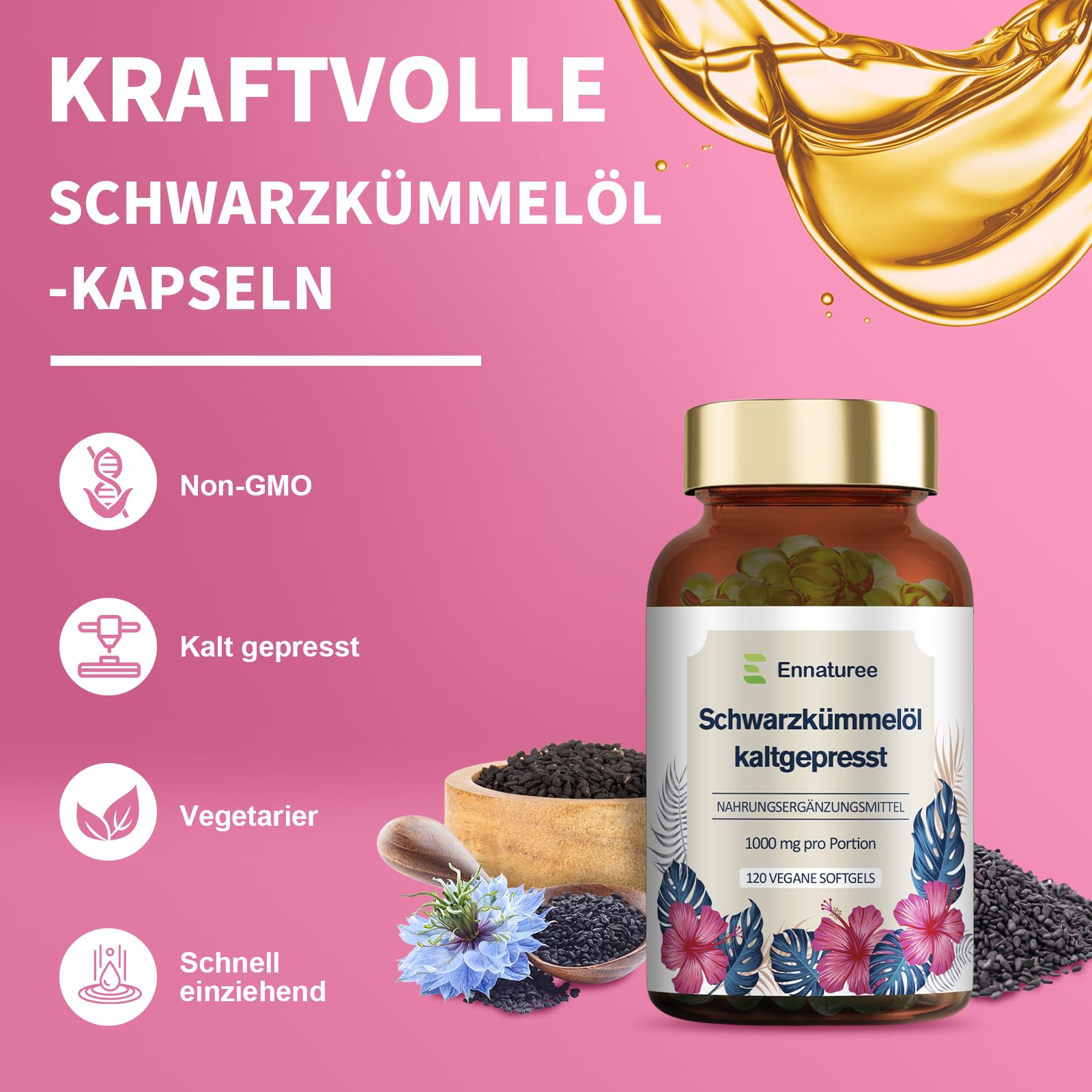 Schwarzkümmelöl Kapseln mit Vitamin E Naturbelassen und Kaltgepresst Schwarzkümmelöl 1000mg pro Tagesdosis Hochdosiert Vegan 120 Kapseln Deutsche Premium Qualität