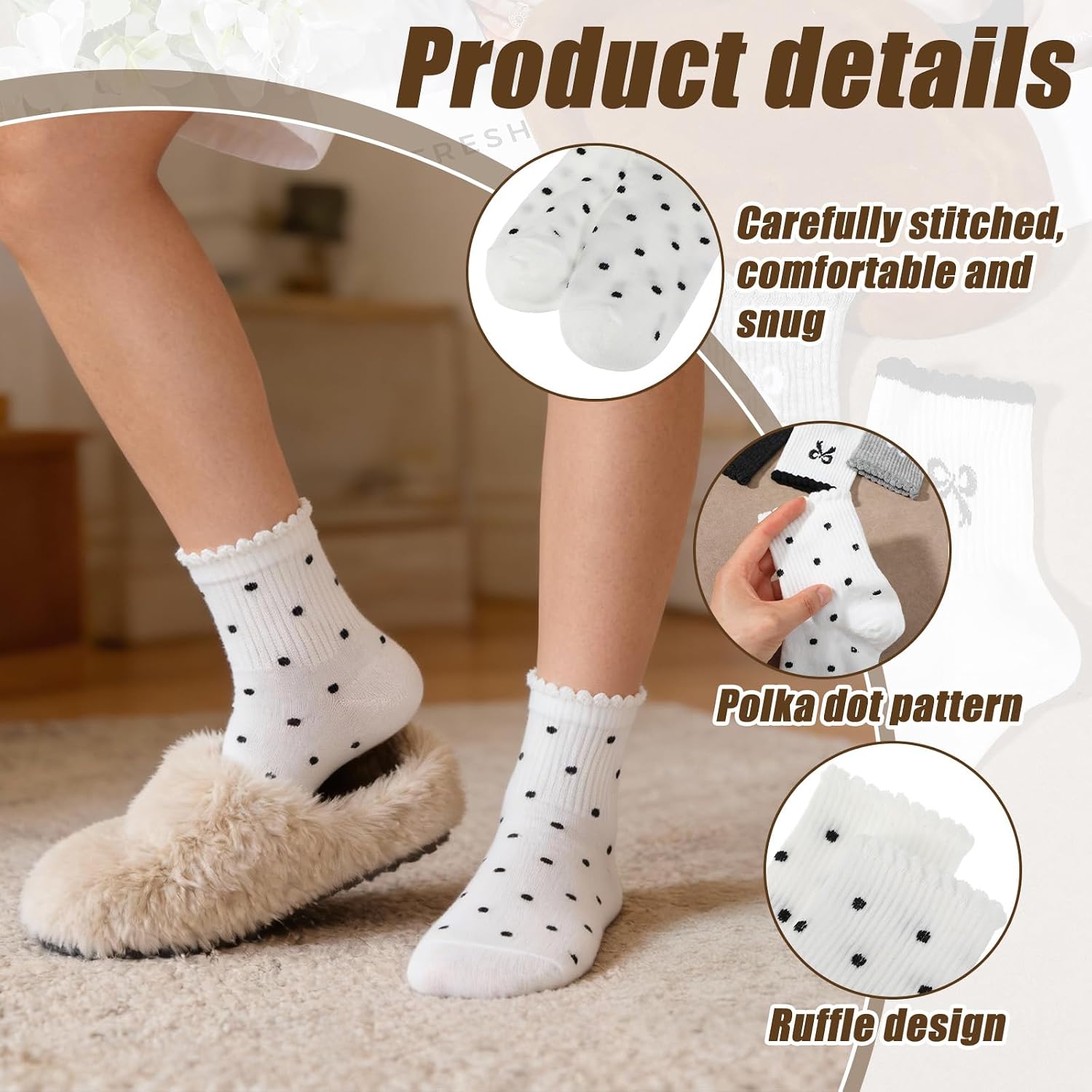 Molain 6 Pairs Coquette Bow Socks for Women, Cute Ruffle Polka Dot Lace Socks Mid Tube Flower Sock Lace Cottagecore Girly Coquette Aesthetic Clothes Aesthetic Fashion Gift for Girls