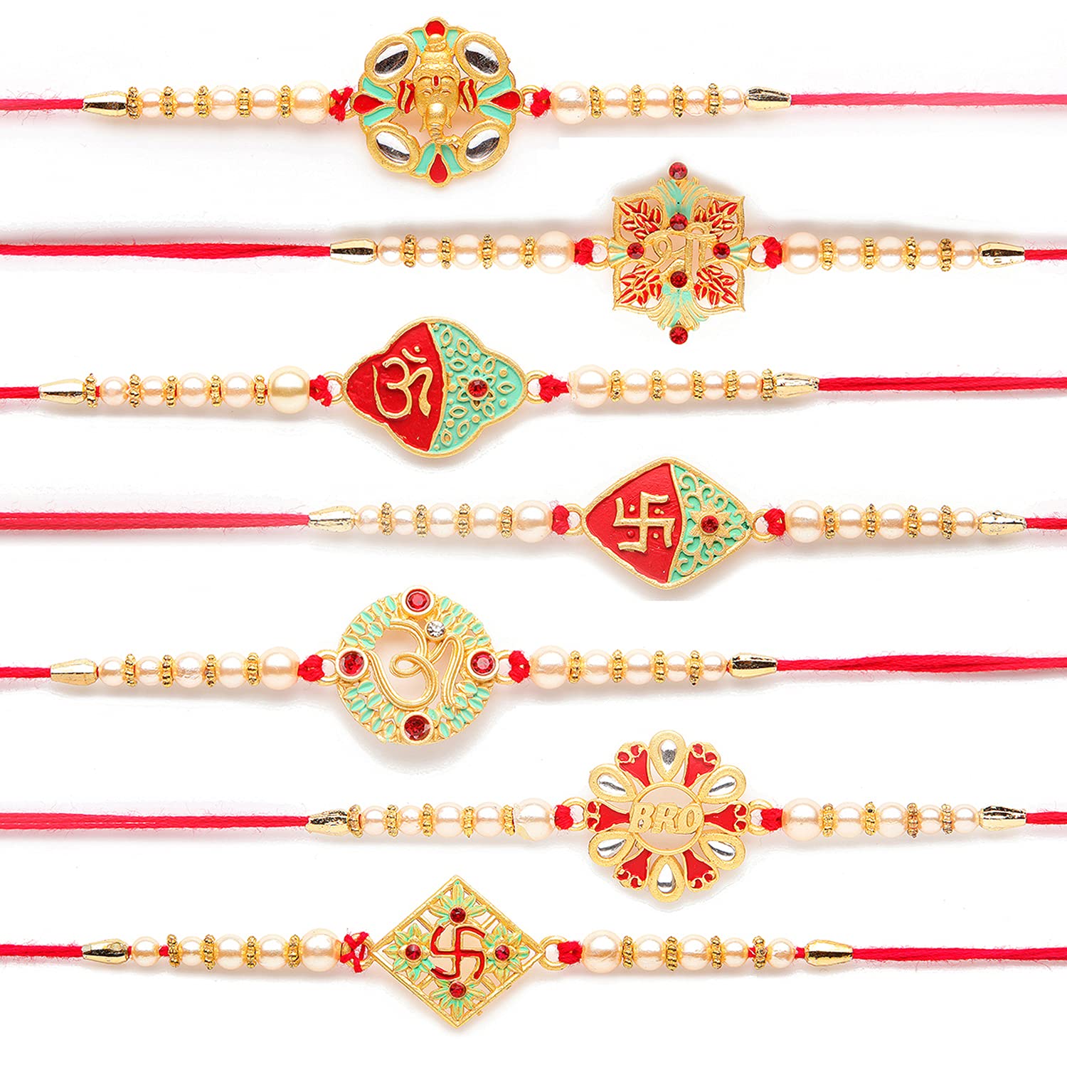 Kord StoreGaneshji/Om/Shree/Swastik' Design Mint Green/Ruby Mina Multi Stone Rakhi Set Of 7 For Brother