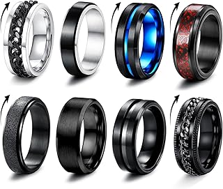 8 Pcs Stainless Steel Mens Rings Twisted Chain Rings Spinner Rings for Fidget Rings for Men Black Band Rings