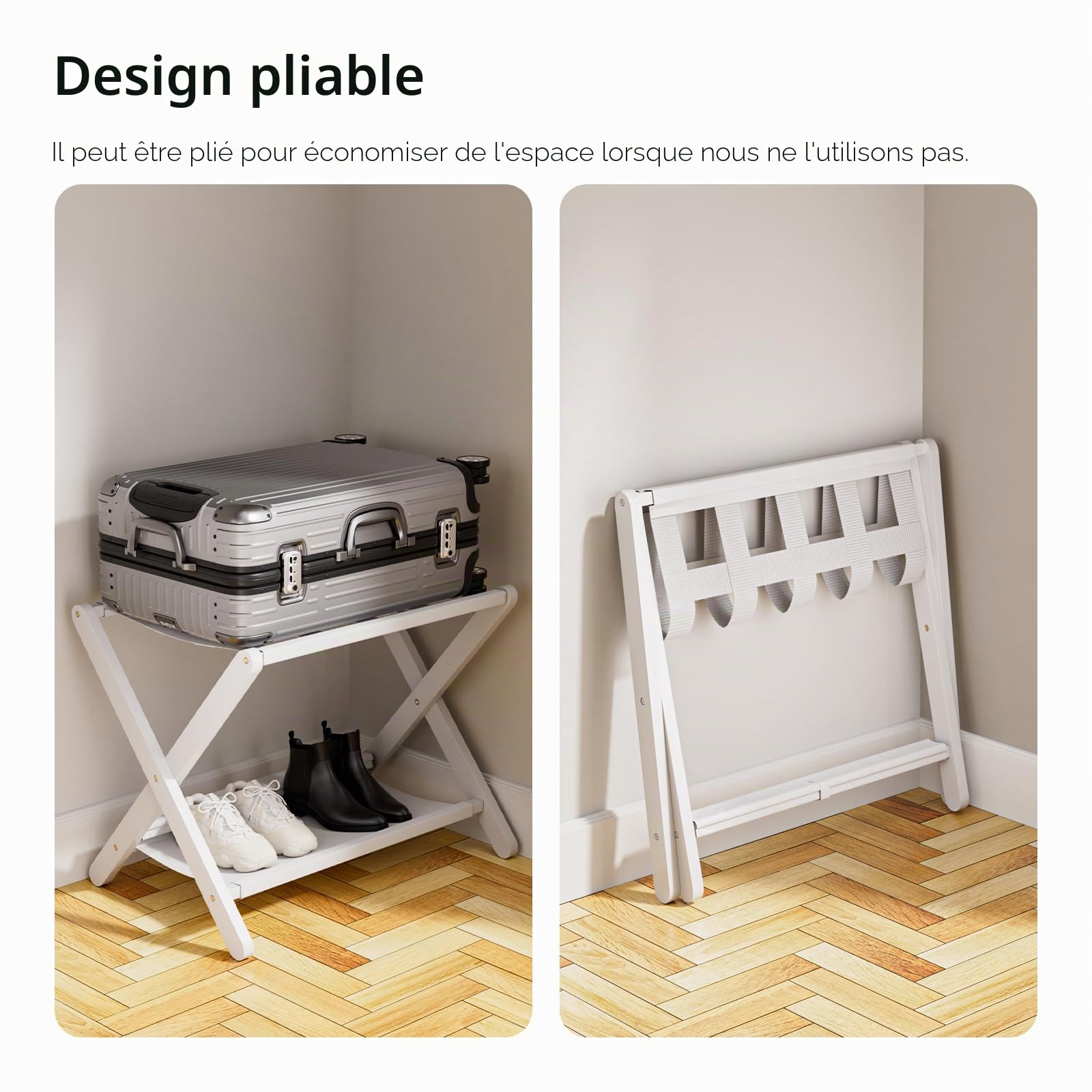 HITNET Porte Valise pour chambre, Lot de 2, Repose Valise Hotel Pliable, Porte Bagage en Bambou, Baggage Stand avec étagère, montage facile, blanc