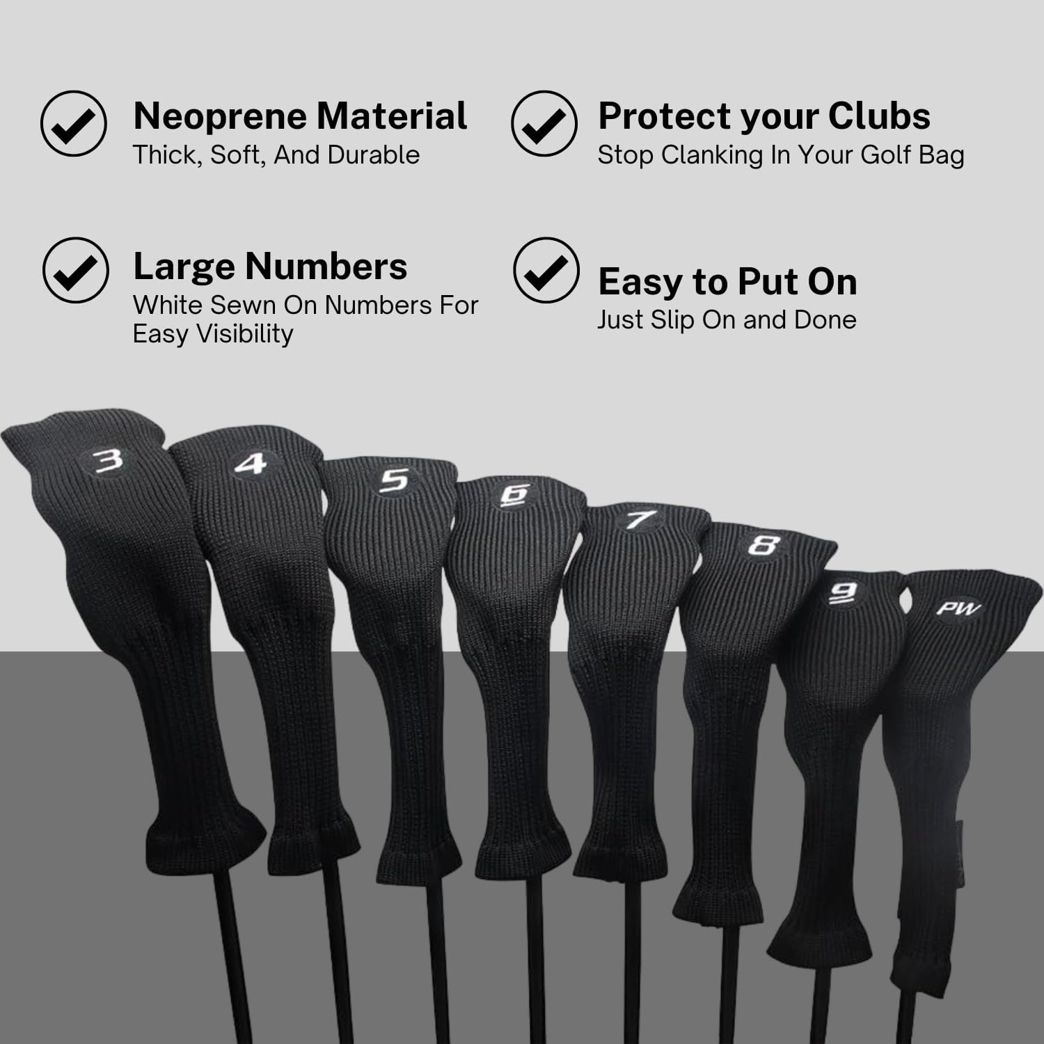 All Hybrid Head Cover Golf Club Black Sleek Tight Fit Headcover Set 3-PW Acrylic Head Covers 3 4 5 6 7 8 9 PW Easy to See Large White Embroidered Numbers