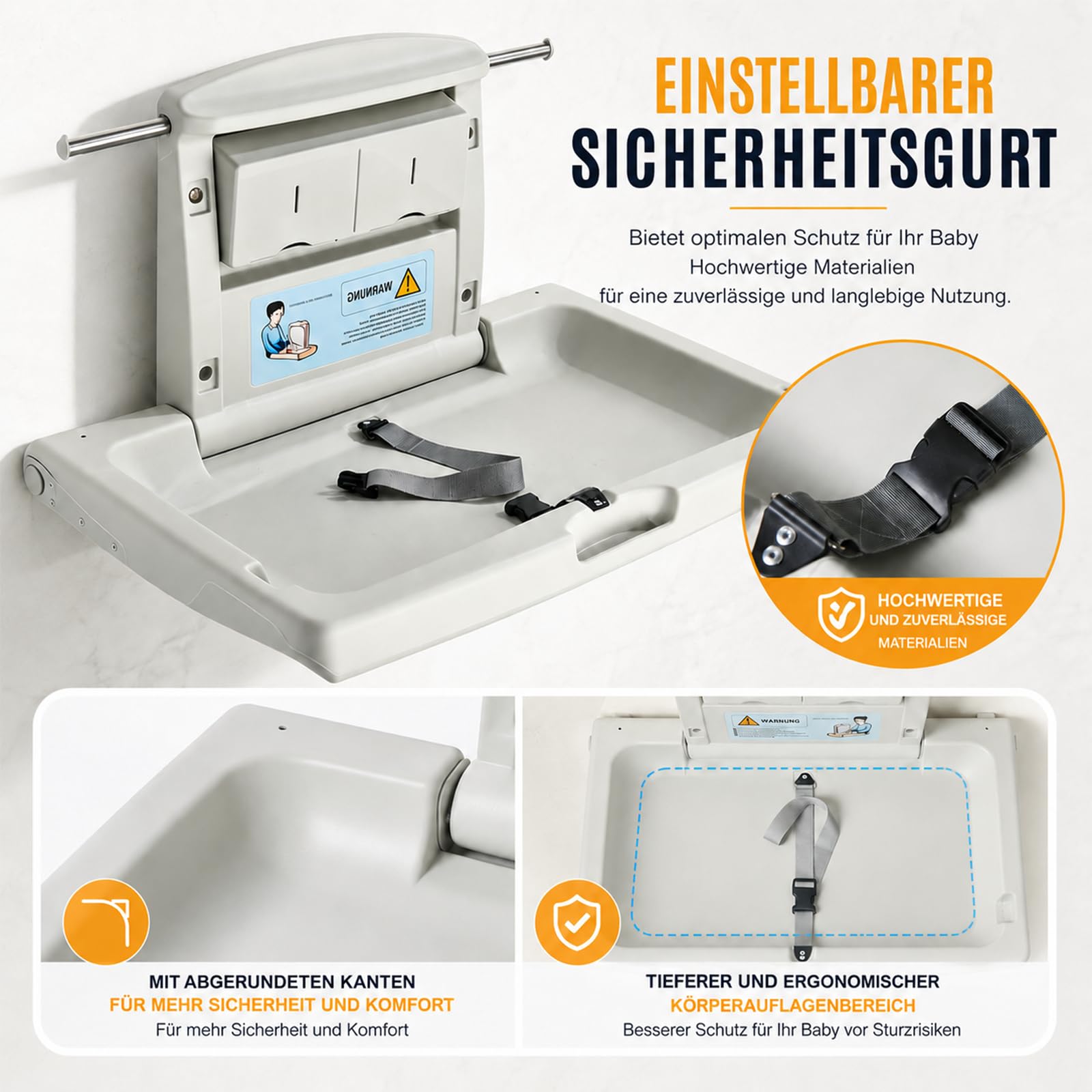 Wickeltisch klappbar Wandmontage mit Sicherheitsgurt, Haken & Aufbewahrungsboxen