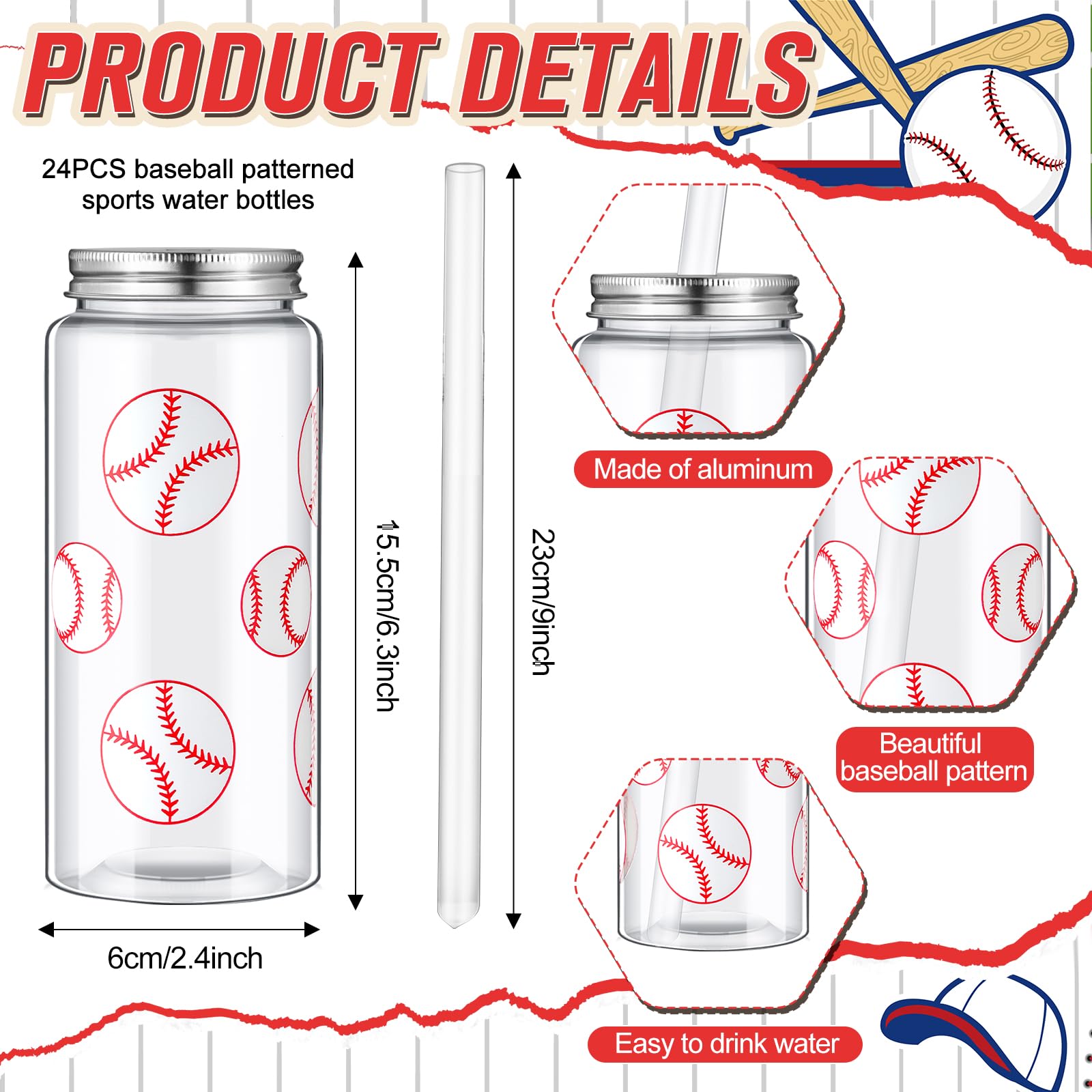 Maxdot Lot de 24 gobelets en plastique transparent réutilisables de 450 ml avec couvercle et paille – Gobelets à jus avec couvercle et paille – Gobelets à jus pour fête sur le thème du sport, cadeaux
